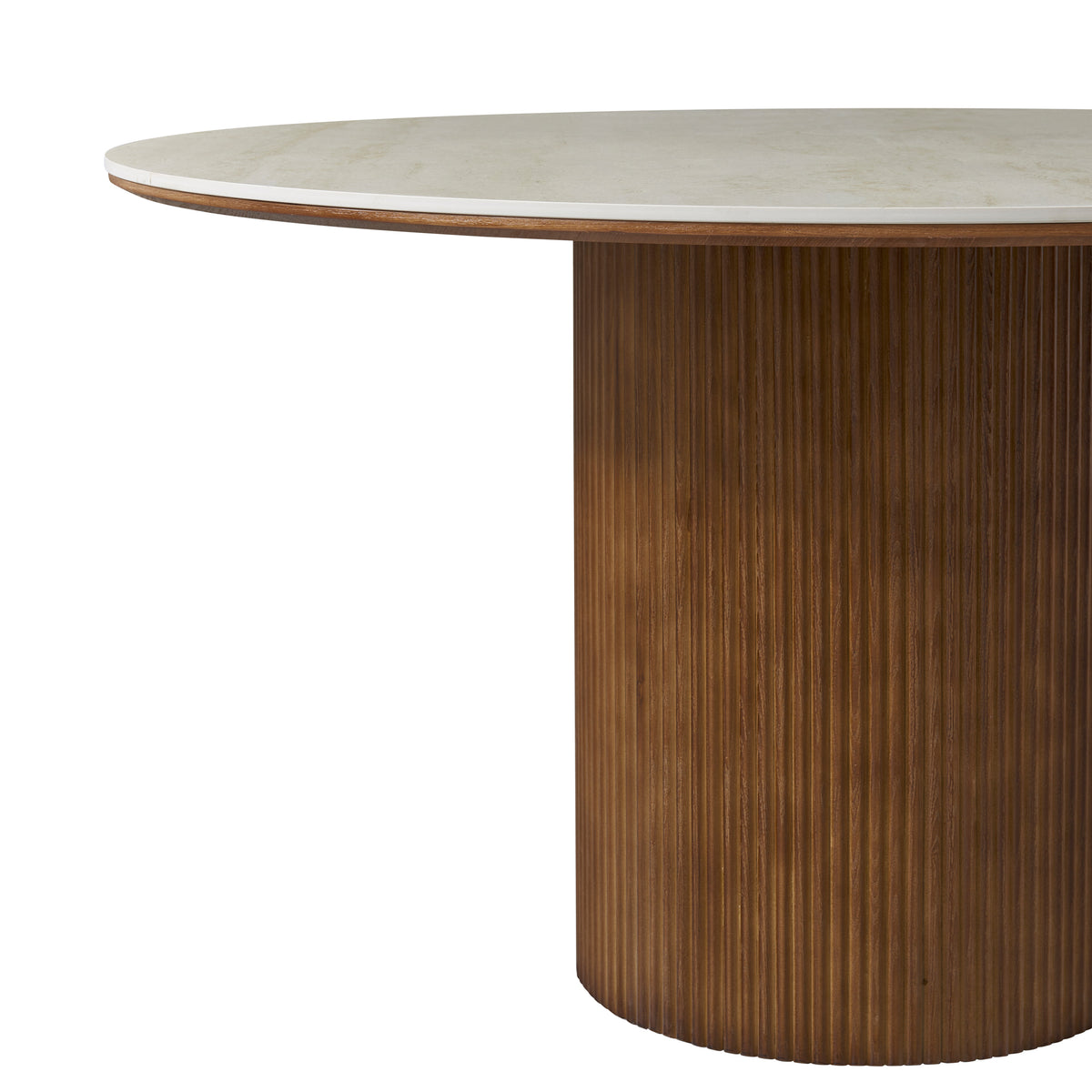 Fluted wood pedestal base of the Lucia round dining table