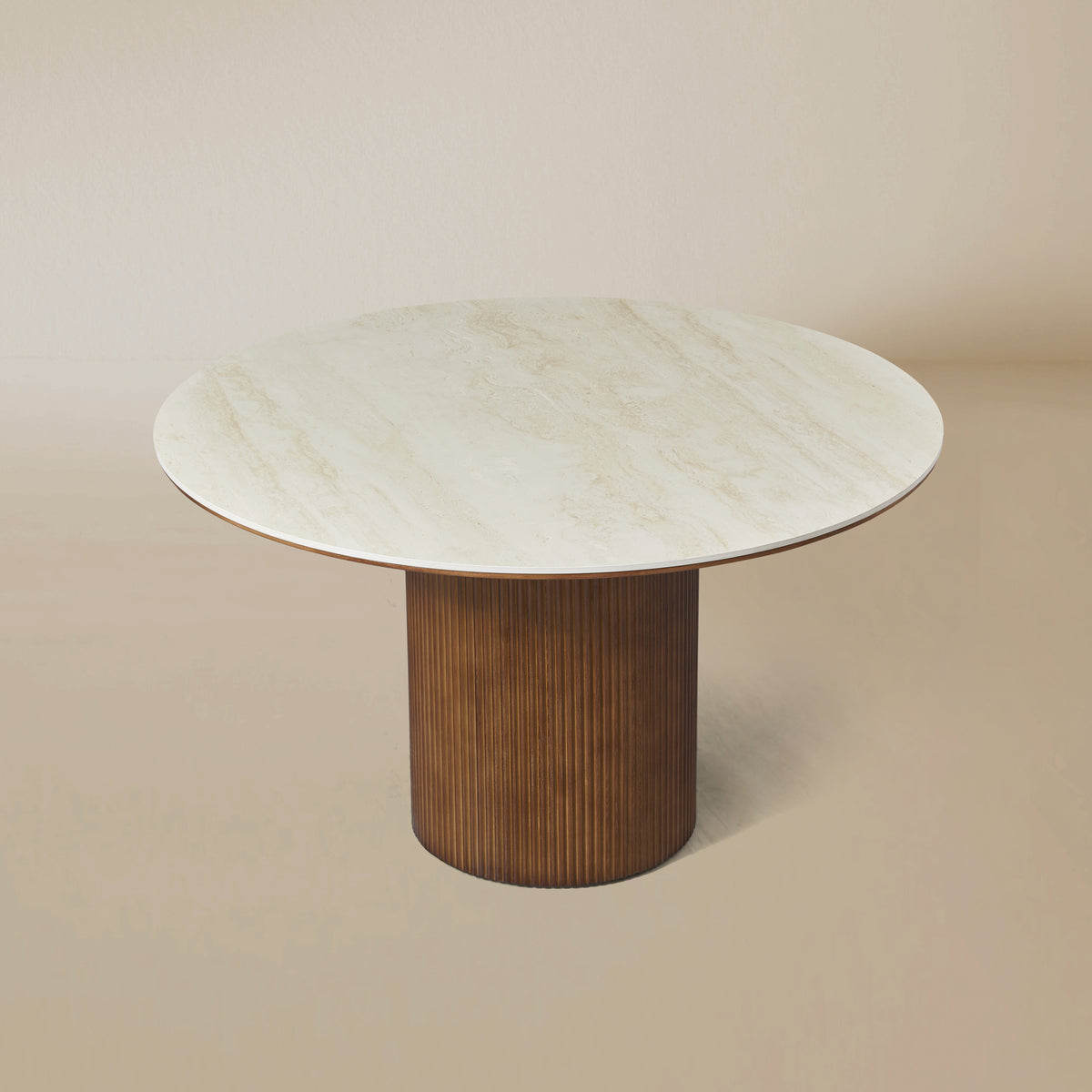 Top view of the Lucia round travertine-look sintered stone table