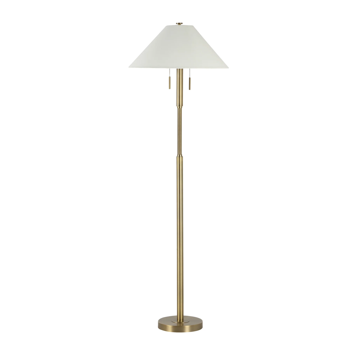 Front view of the Lucienne floor lamp showing its dark antique brushed brass frame, twin pull chains, and off-white linen shade.