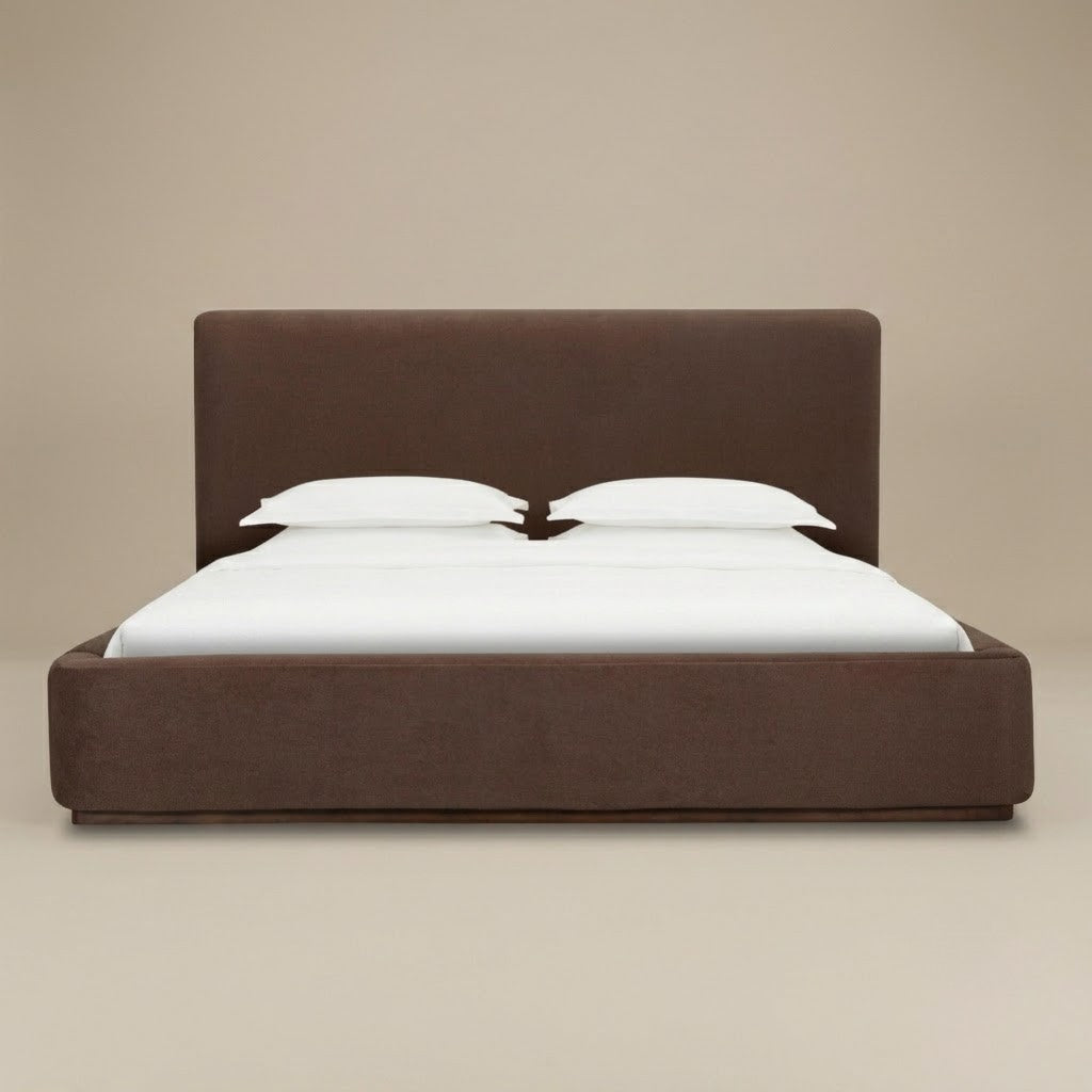 Lunelle Velvet King size bed with a tall upholstered headboard and matching footboard in Coffee velvet fabric.