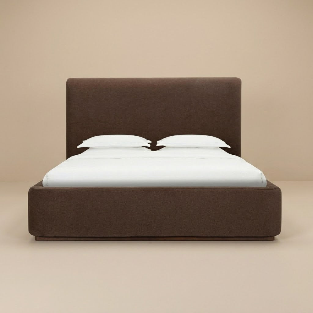 Lunelle Velvet Queen size bed with a tall upholstered headboard and matching footboard in Coffee velvet fabric.