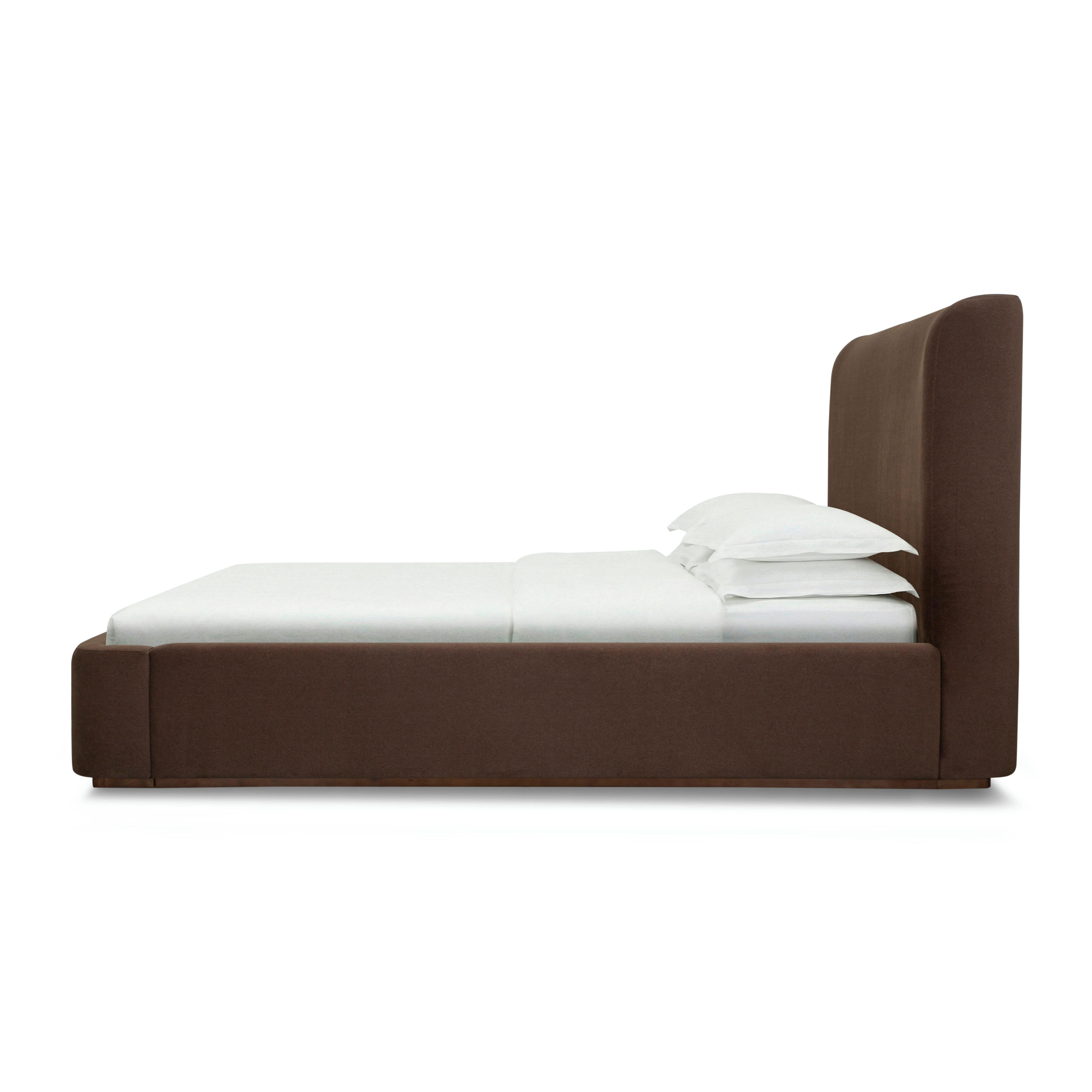 Side view of the Lunelle Velvet Bed in Coffee