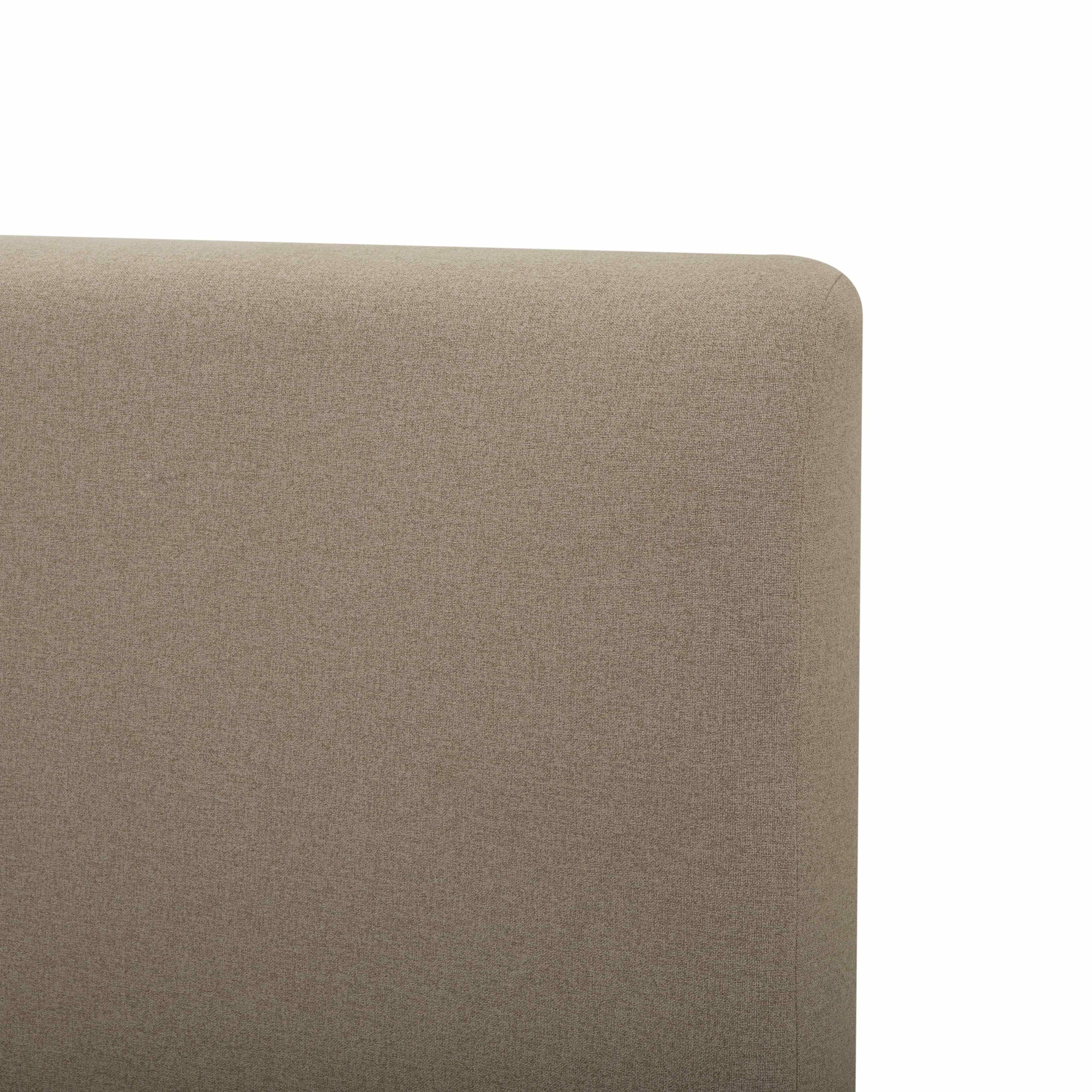 Close-up of the Lunelle Velvet Bed in Tan, upholstered headboard corner on a white background