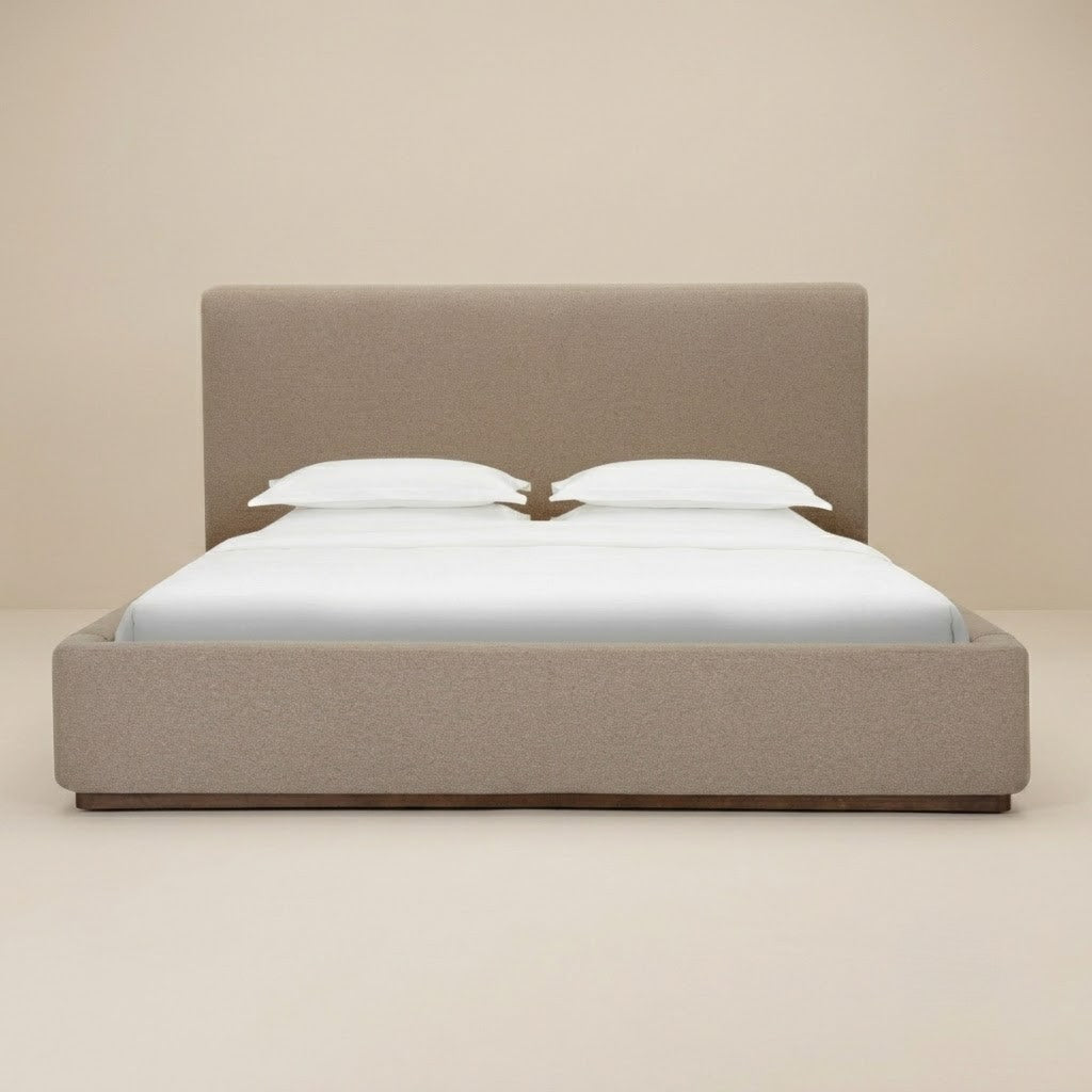 Lunelle Velvet King size bed with a tall upholstered headboard and matching footboard in Tan velvet fabric.