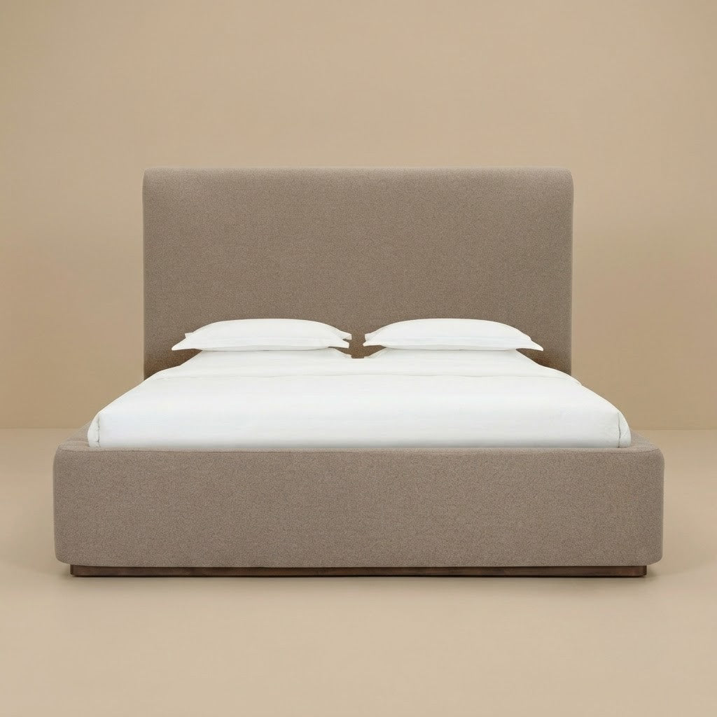 Lunelle Velvet Queen size bed with a tall upholstered headboard and matching footboard in Tan velvet fabric.