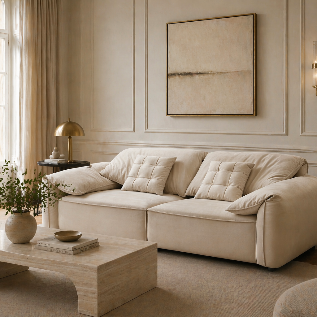 Beige sofa in a stylish living room with decor elements.
