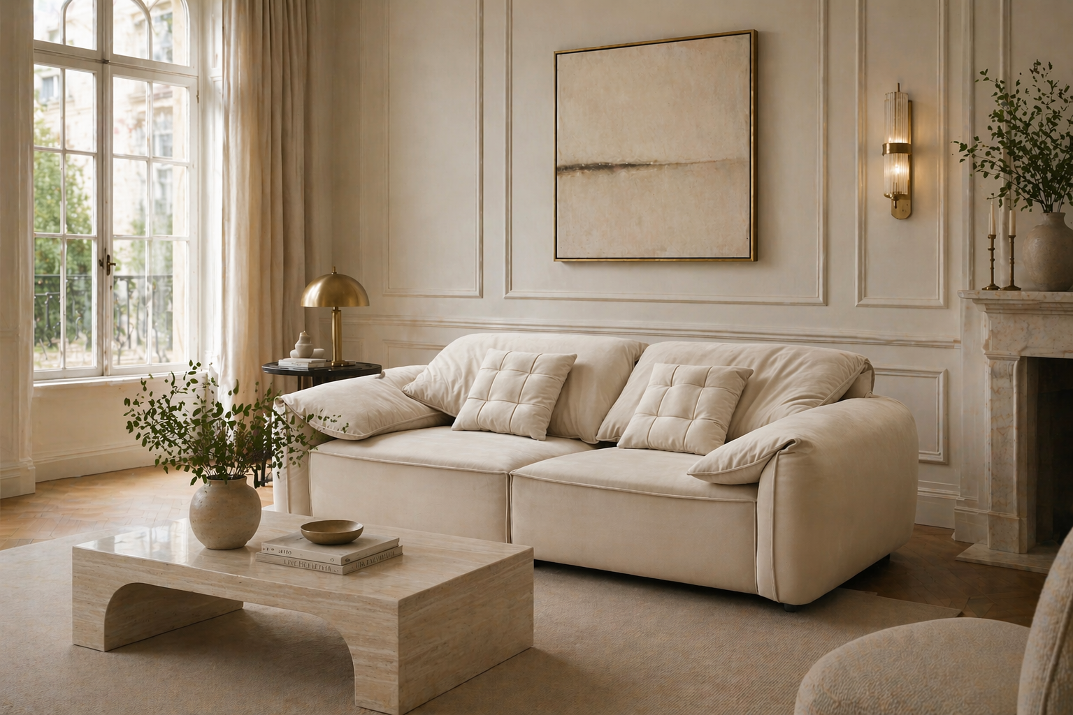 Beige sofa in a stylish living room with decor elements.