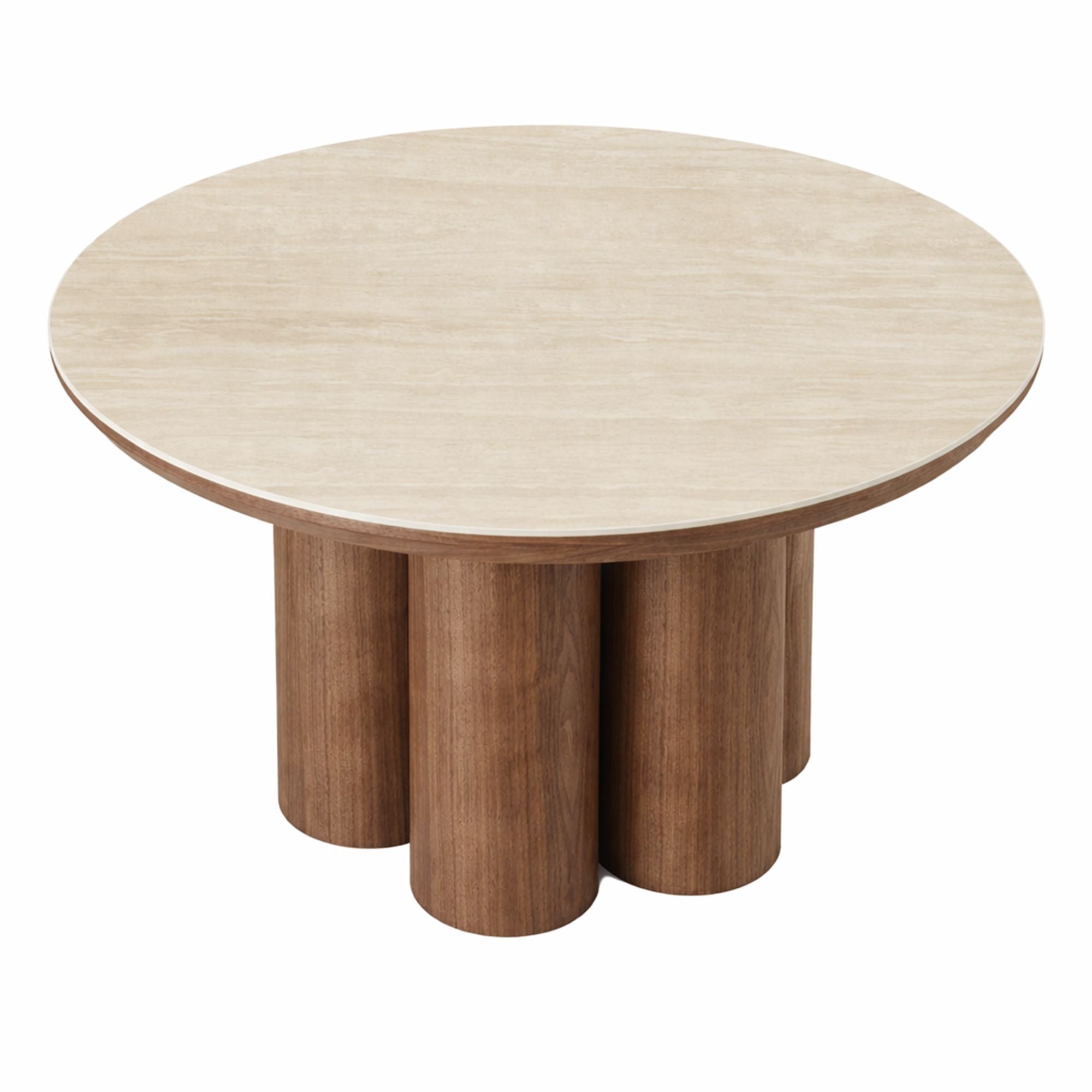 Direct studio view of the Lyric coffee table highlighting the sculptural pill-shaped pedestal legs and travertine-style top.