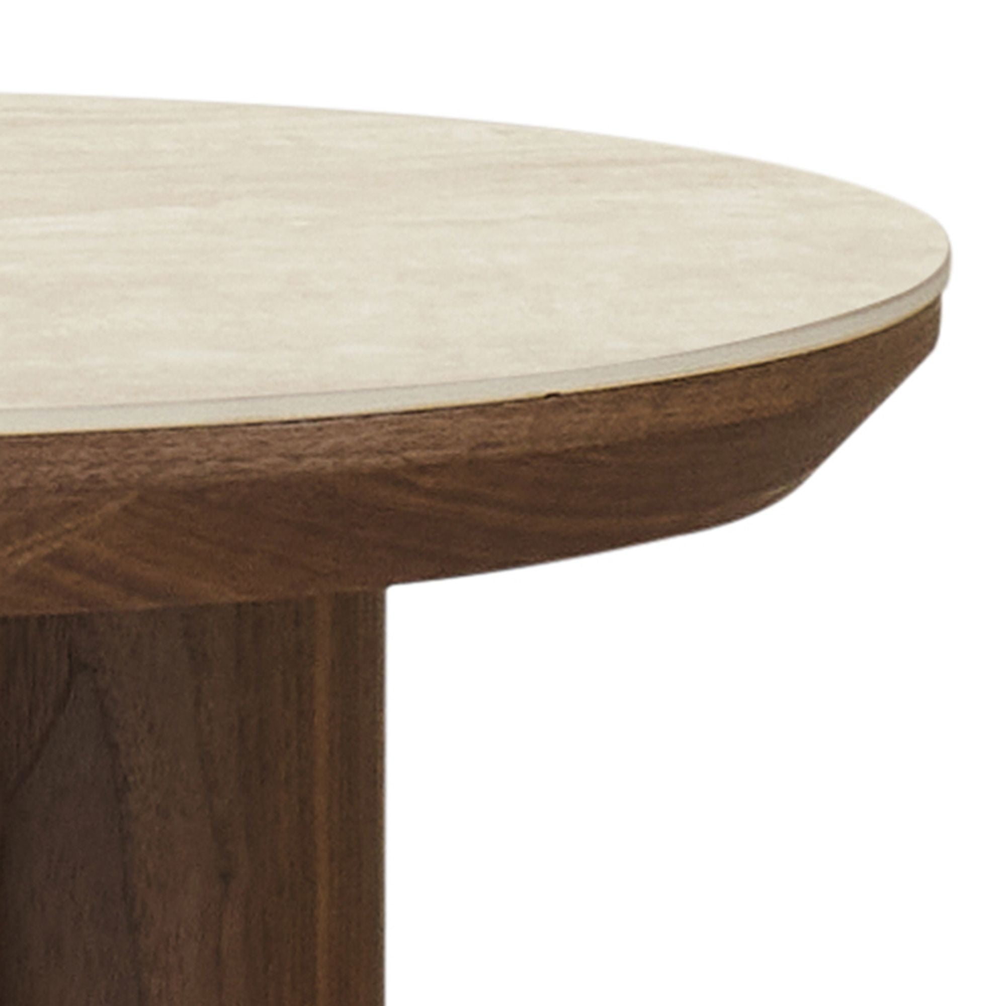 Round wooden table with a white marble top on a white background