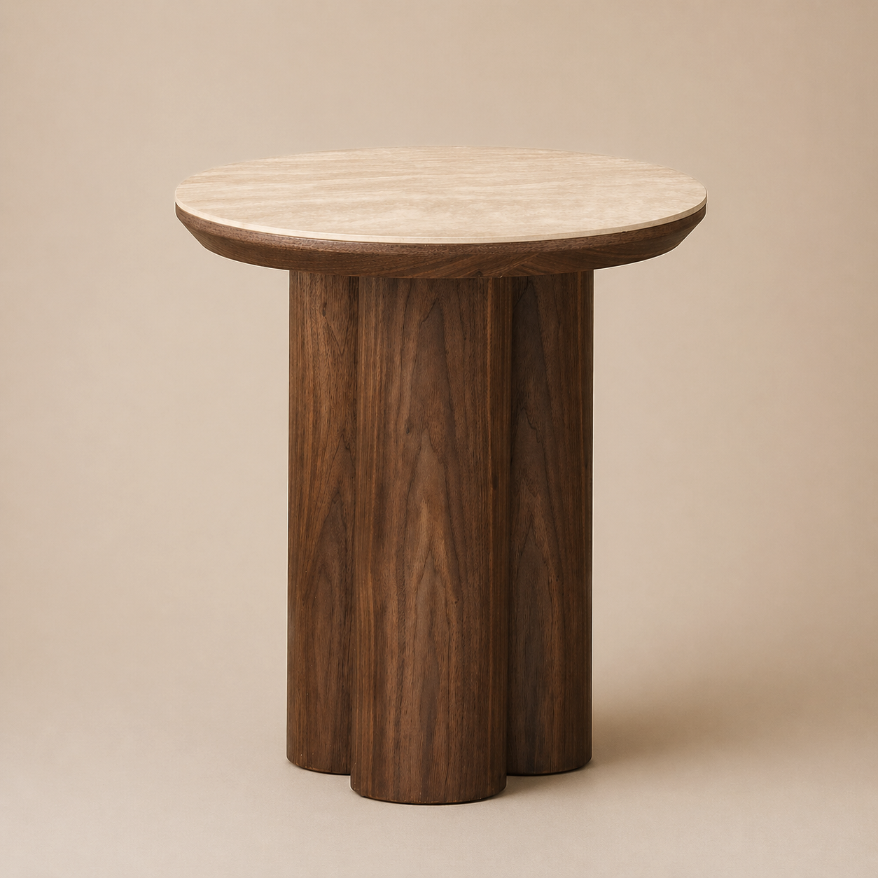 Wooden side table with marble top on a beige background