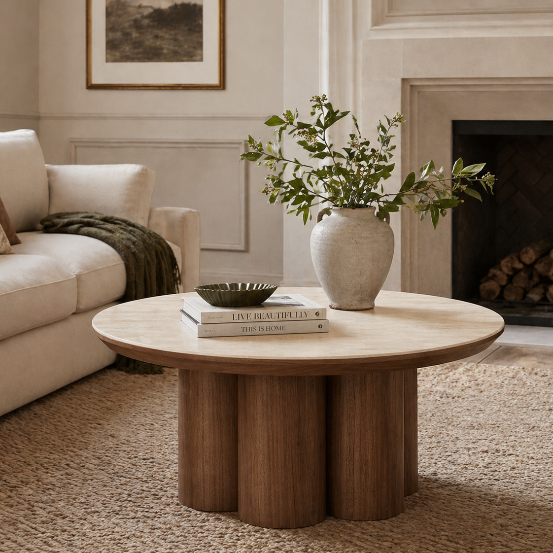 The Lyric coffee table with a beige sintered stone top styled in an organic modern living room with a neutral sofa and jute rug.