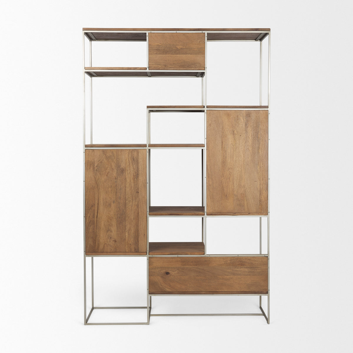 Angled view of the Maddox geometric shelving unit highlighting its asymmetrical mix of open spaces and wooden back panels.