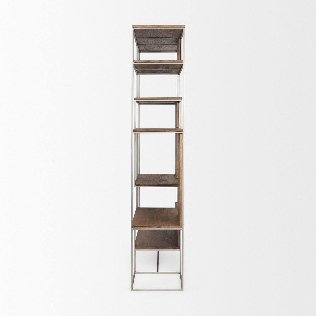Side profile view of the Maddox wood and metal shelving unit showing its slim depth and clean lines.