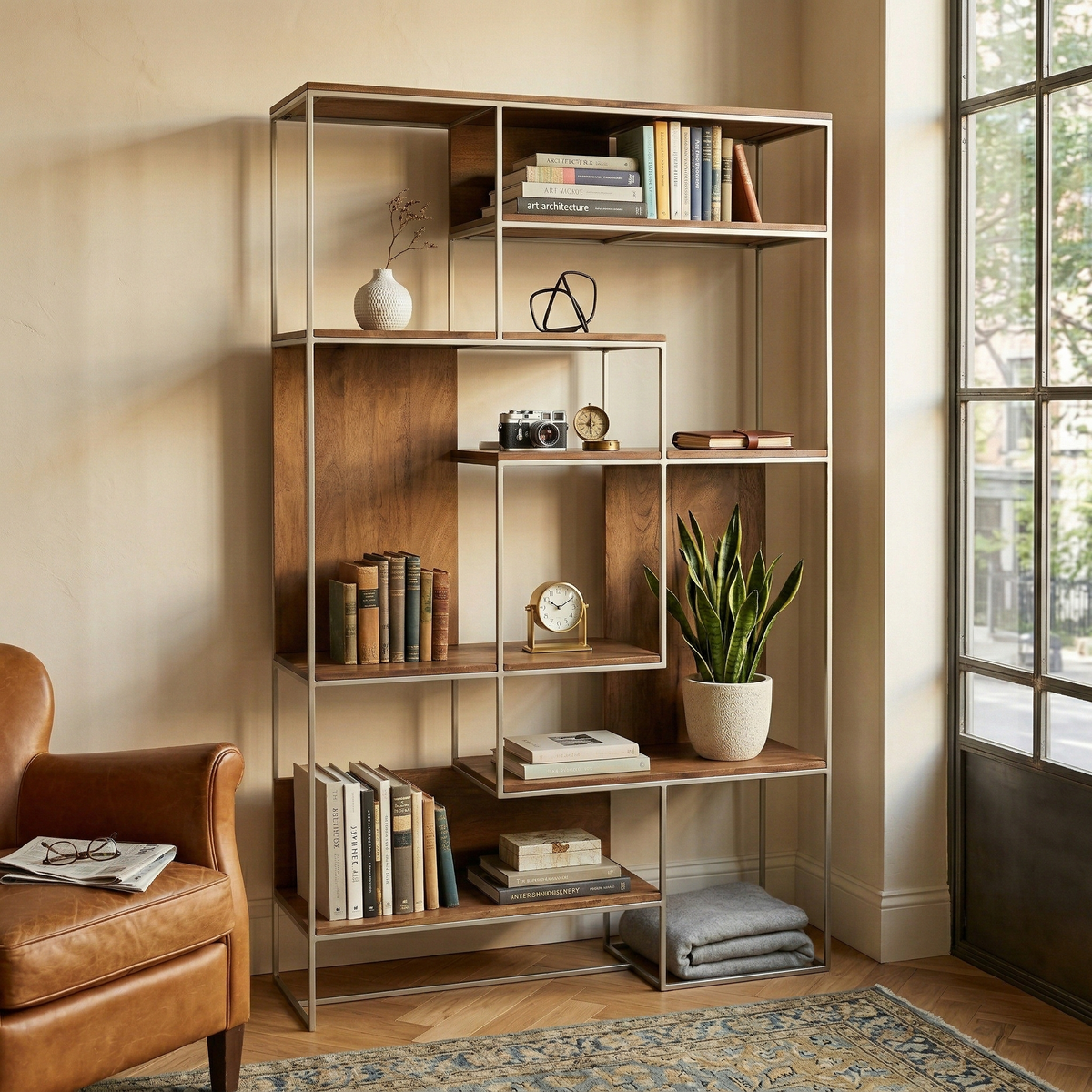 The Maddox geometric shelving unit styled with books, plants, and decor in a warm living room next to a leather armchair.