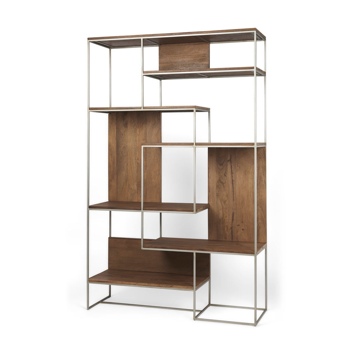 3/4 angled view of the empty Maddox geometric bookcase standing against a clean white studio background.
