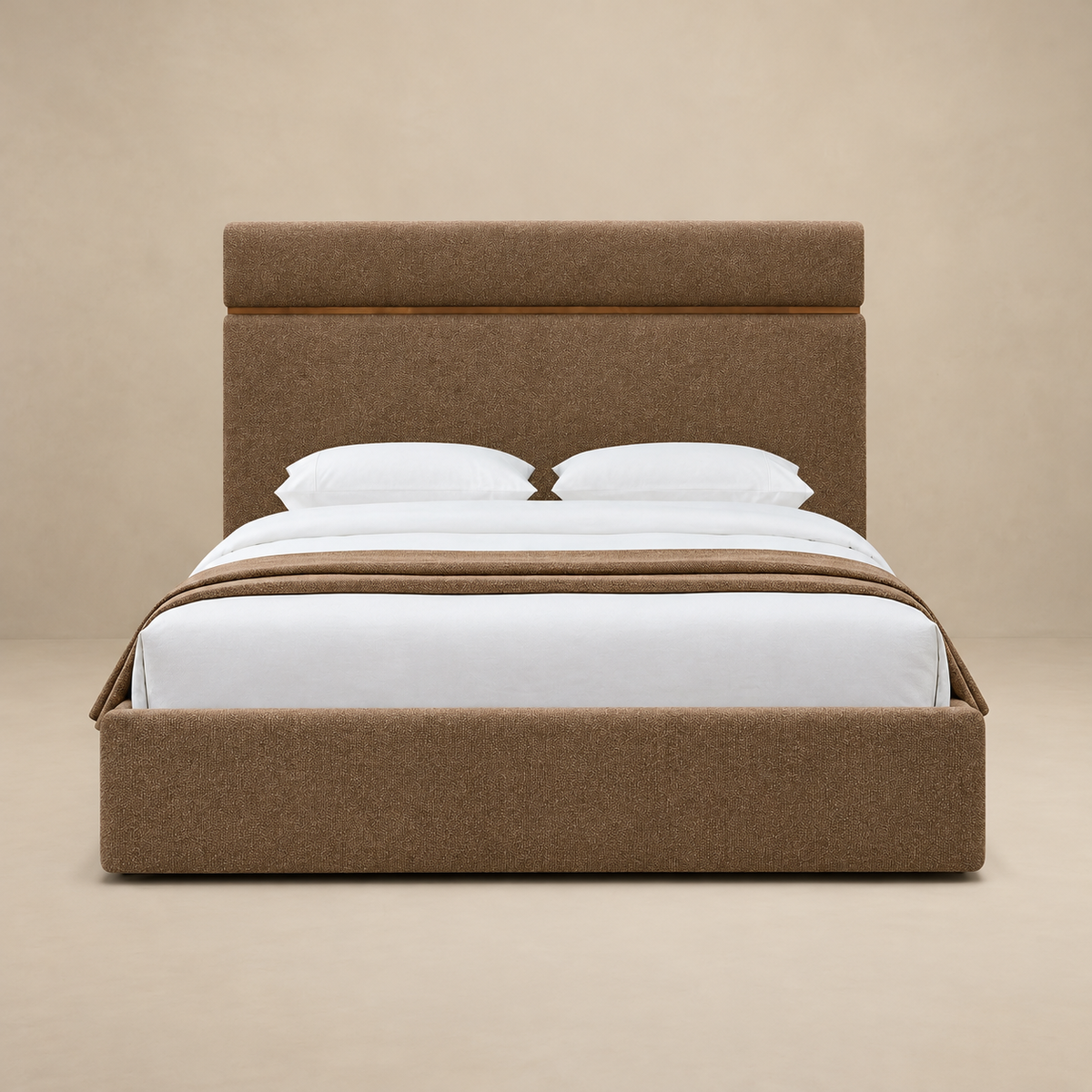 Front view of the Maelle Upholstered Storage Bed in brown with white bedding against a warm beige studio background.