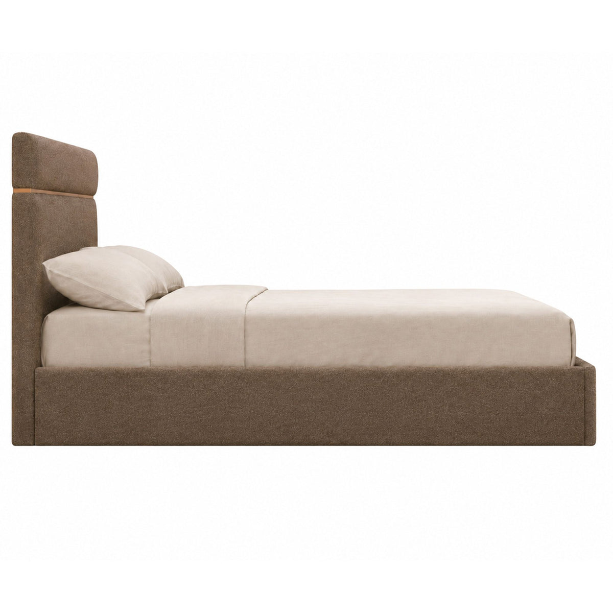 Side view of the Maelle Upholstered Storage Bed in brown with neutral bedding on a white background.