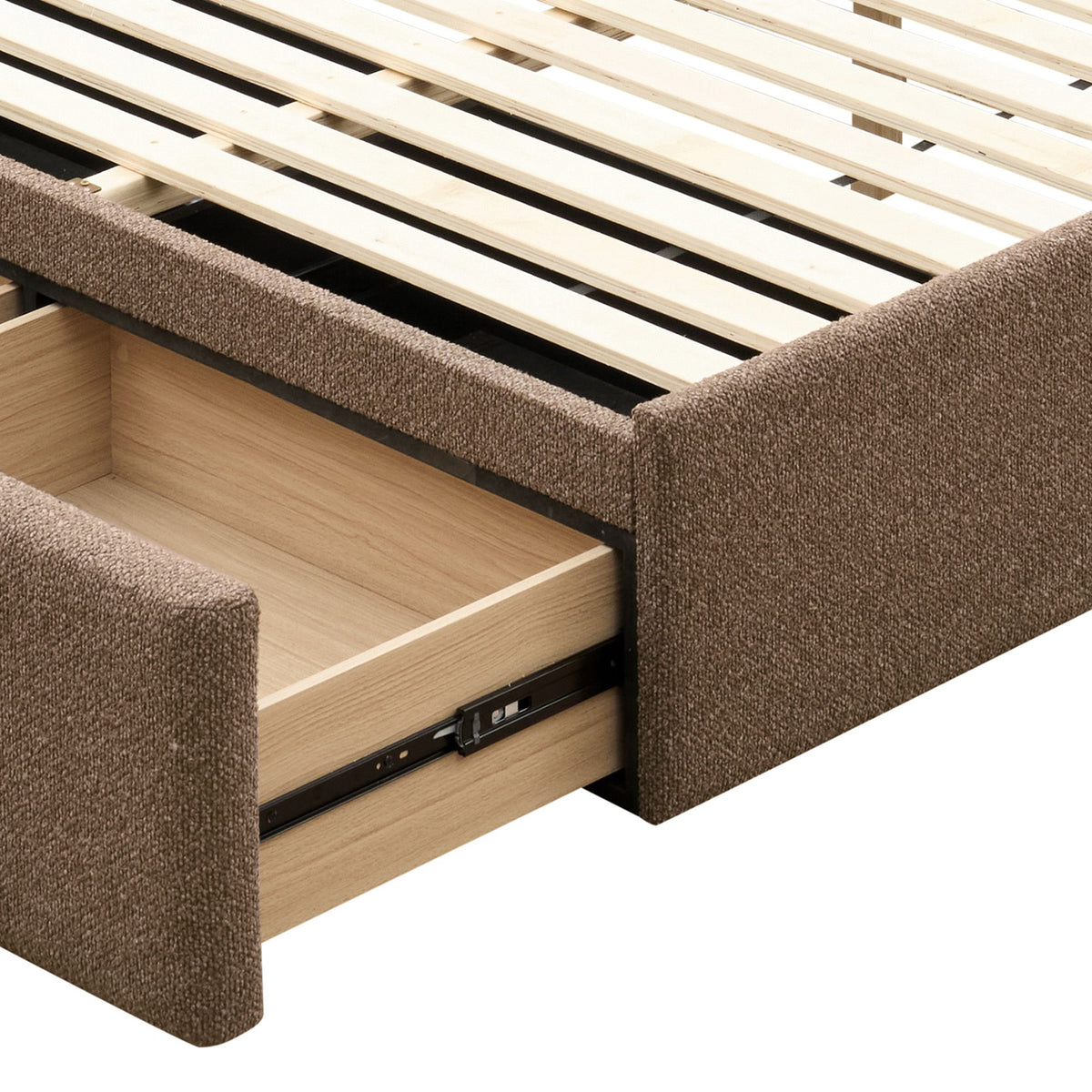 Close-up of the Maelle Upholstered Storage Bed's footboard drawer mechanism, metal glide, upholstered frame, and wooden slats.