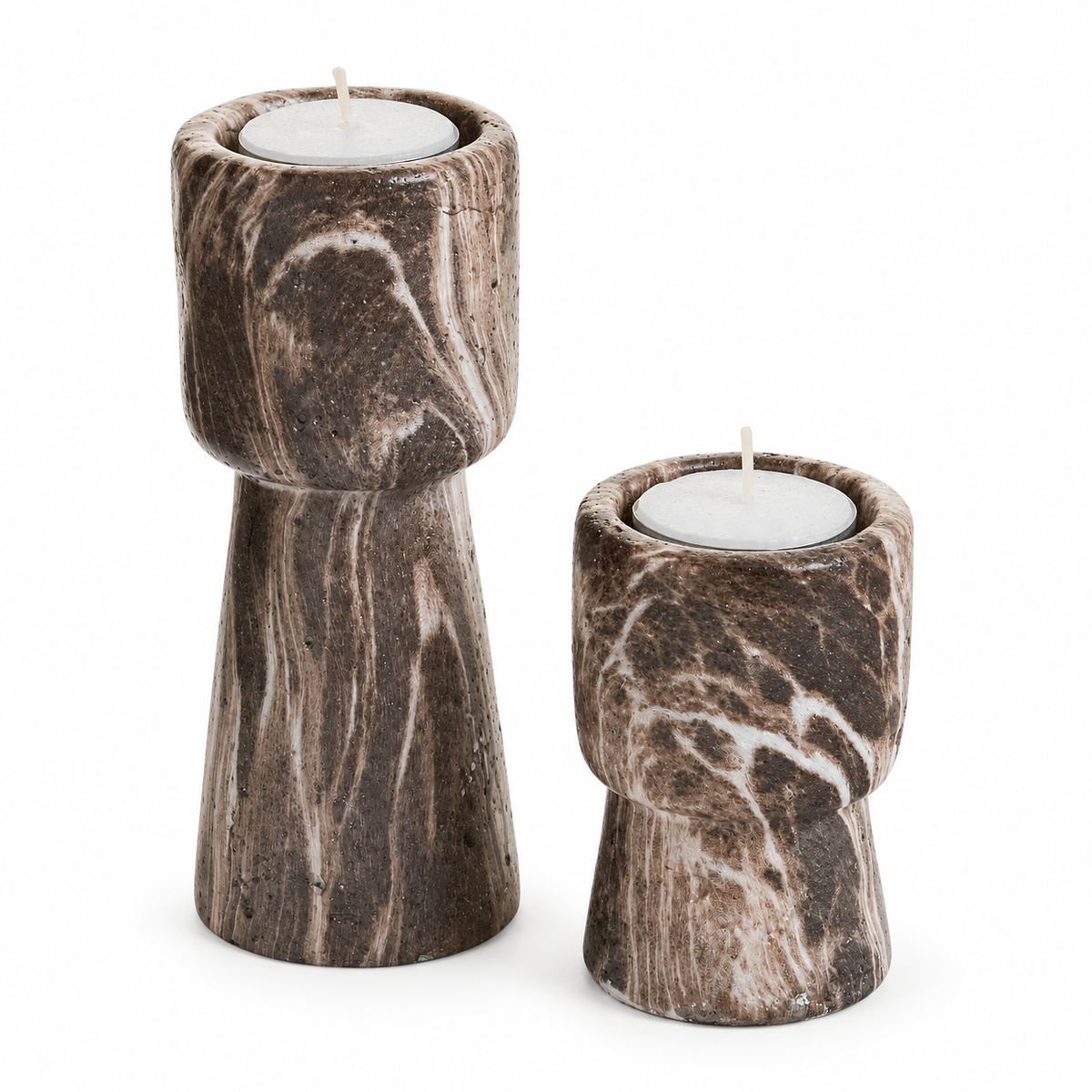 Marais brown marble-look cement candle holders in small and large sizes