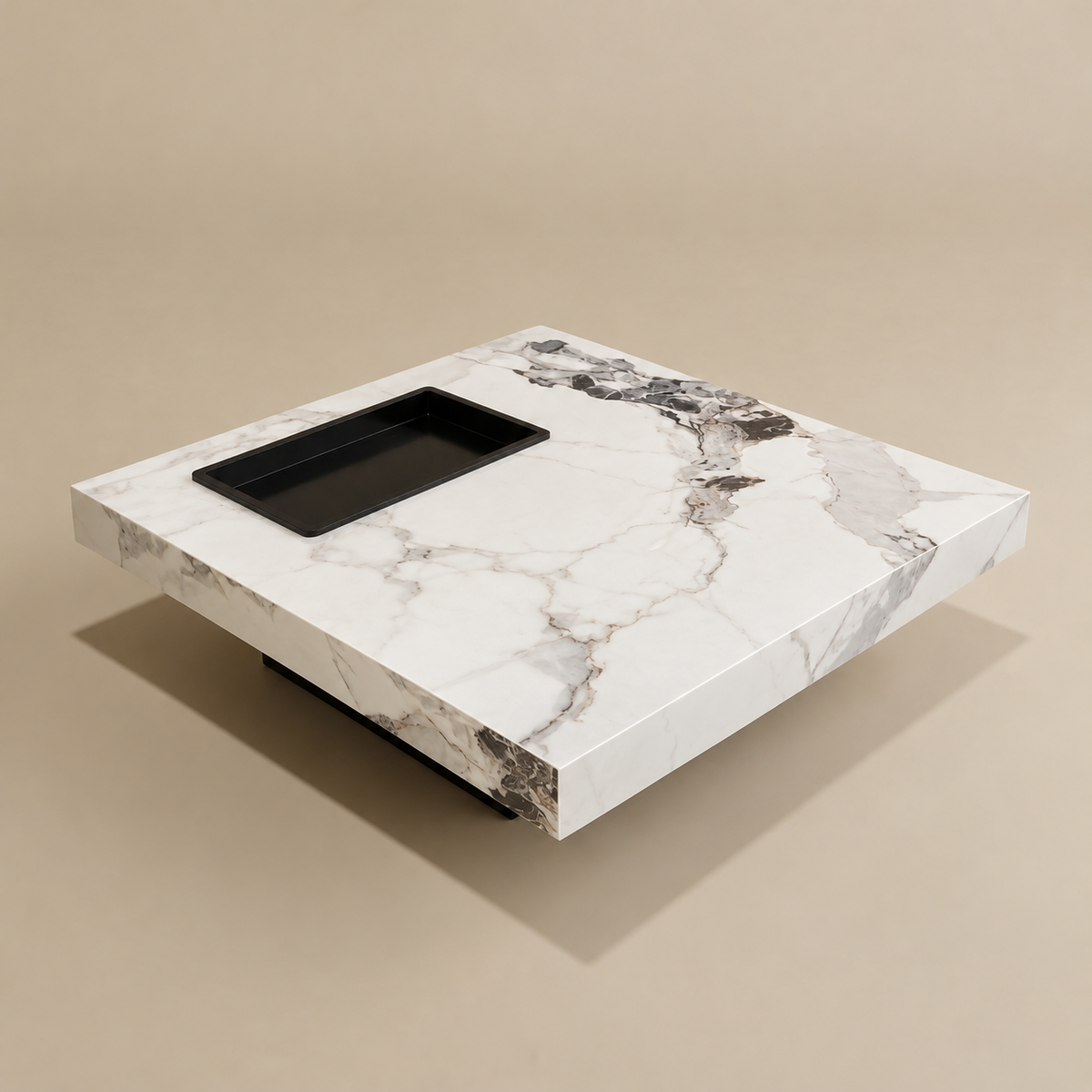 Marble-patterned coffee table with a black tray on a beige background