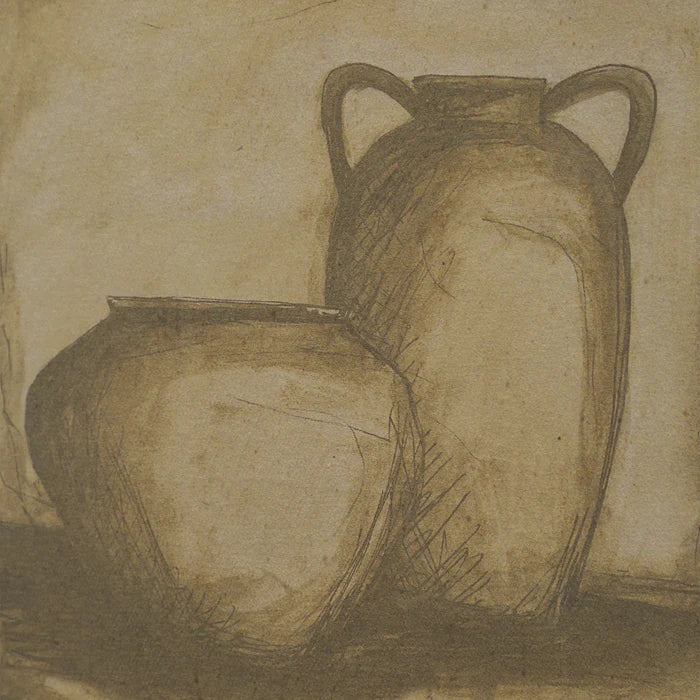 Close-up of the Margot vessel artwork showing the textured, hand-sketched detail of two ceramic pots in warm sepia tones.