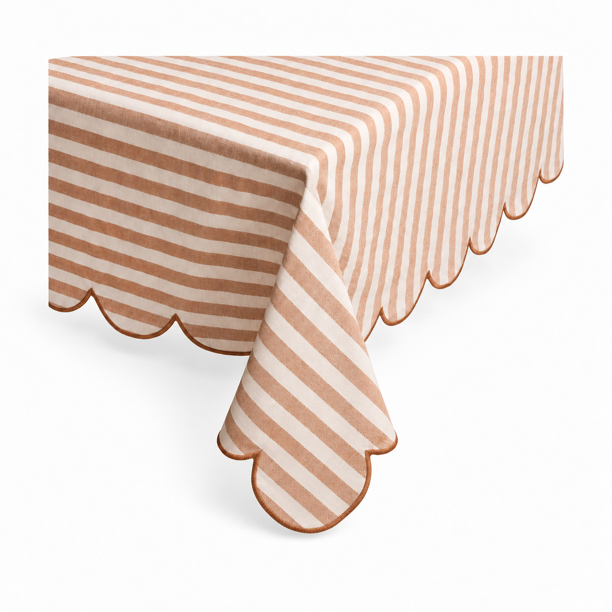 Marielle scalloped stripe tablecloth in ecru and cinnamon