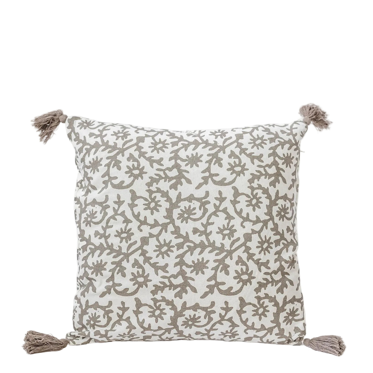 Decorative pillow with floral pattern and tassels on a white background