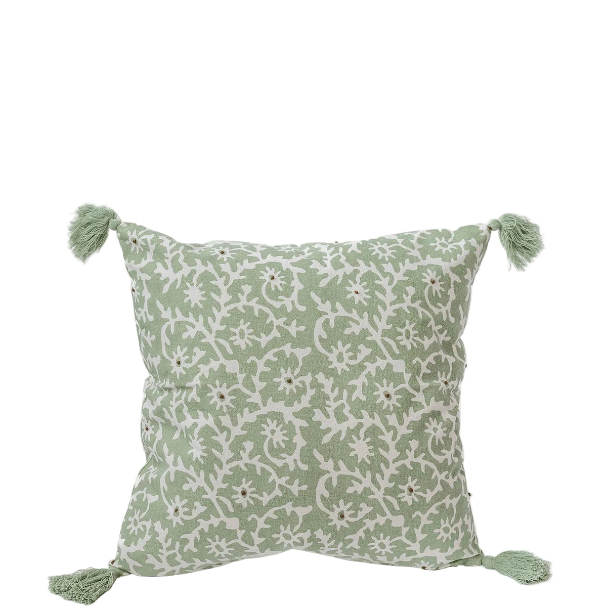 Green patterned pillow with tassels on a white background