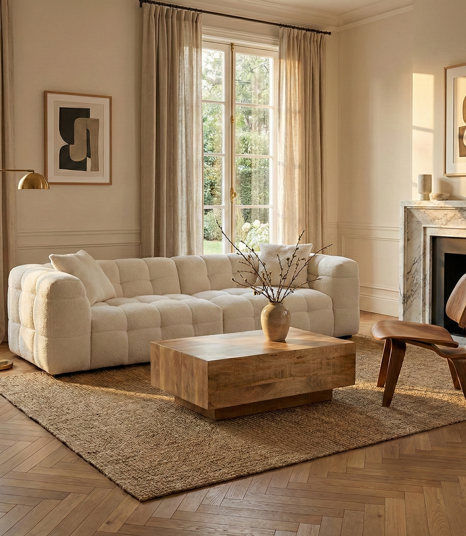 The Marshmallow sofa styled in a warm living space with a block wood coffee table, jute rug, and mid-century plywood chair.