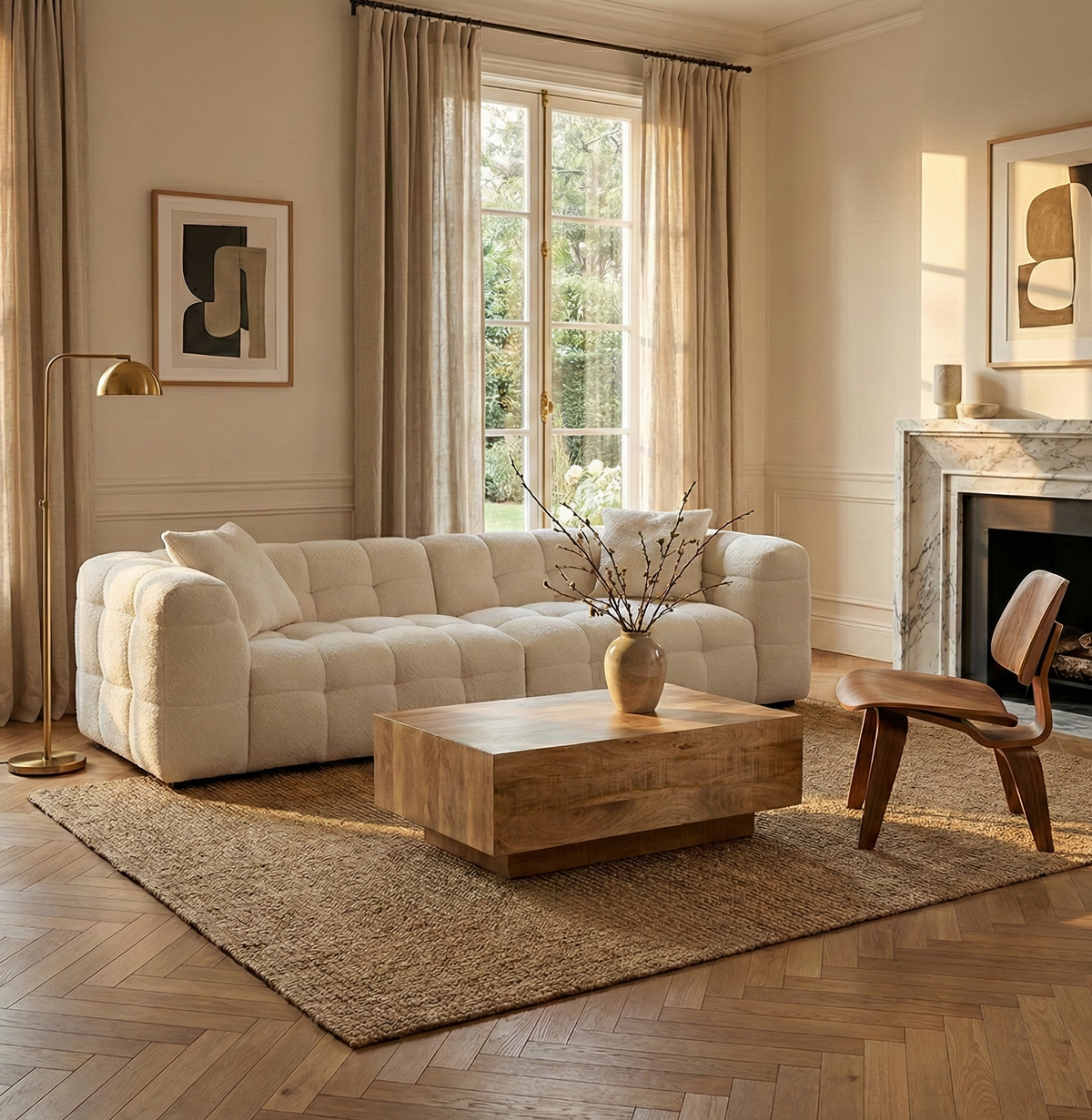 The Marshmallow sofa styled in a warm living space with a block wood coffee table, jute rug, and mid-century plywood chair.