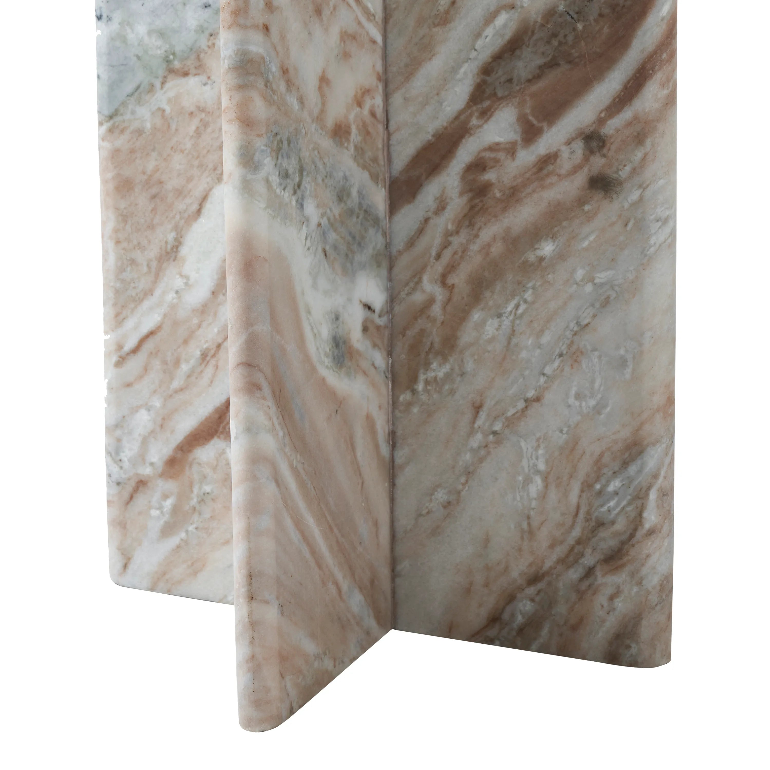 Detail view of the Mesa side table's structural base made from intersecting vertical slabs of solid marble.