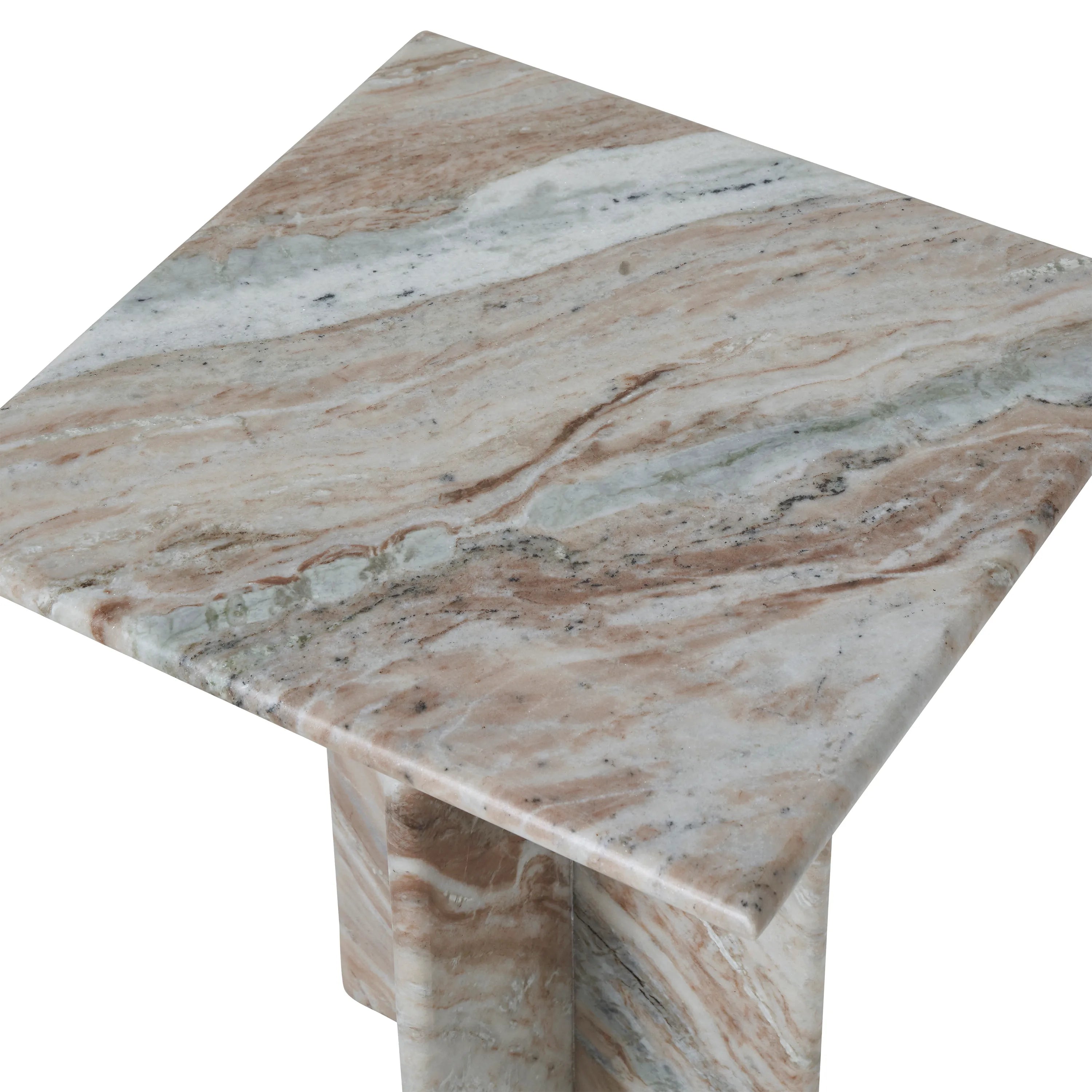 High angle close up of the Mesa side table showing the intricate swirls of pink, beige, and grey in the polished marble surface.