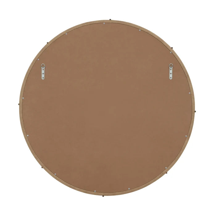 Back view of the Mirelle Round Wall Mirror showing the backing panel and vertical D-ring hanging hardware.