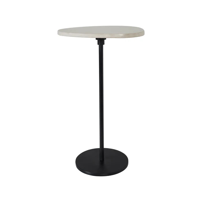 Round side table with white top and black base on a white background