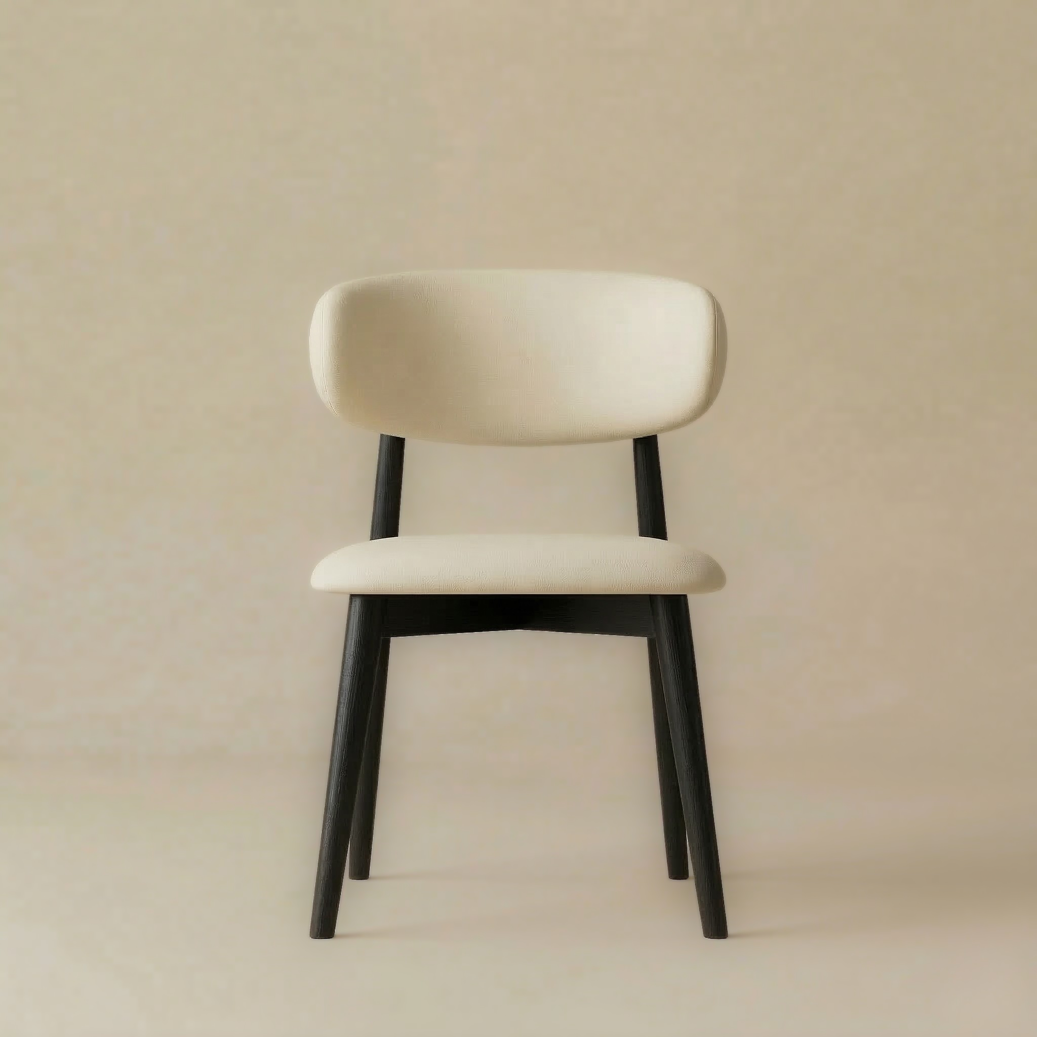 Full front view of the Modern Leather Ash Wood Dining Side Chair featuring a cream seat and a curved backrest with a matte black wood finish.