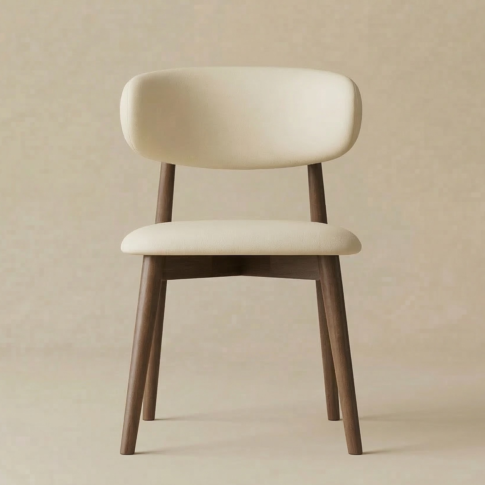Full front view of the Modern Leather Ash Wood Dining Side Chair featuring a cream seat and a curved backrest with a dark walnut finish.