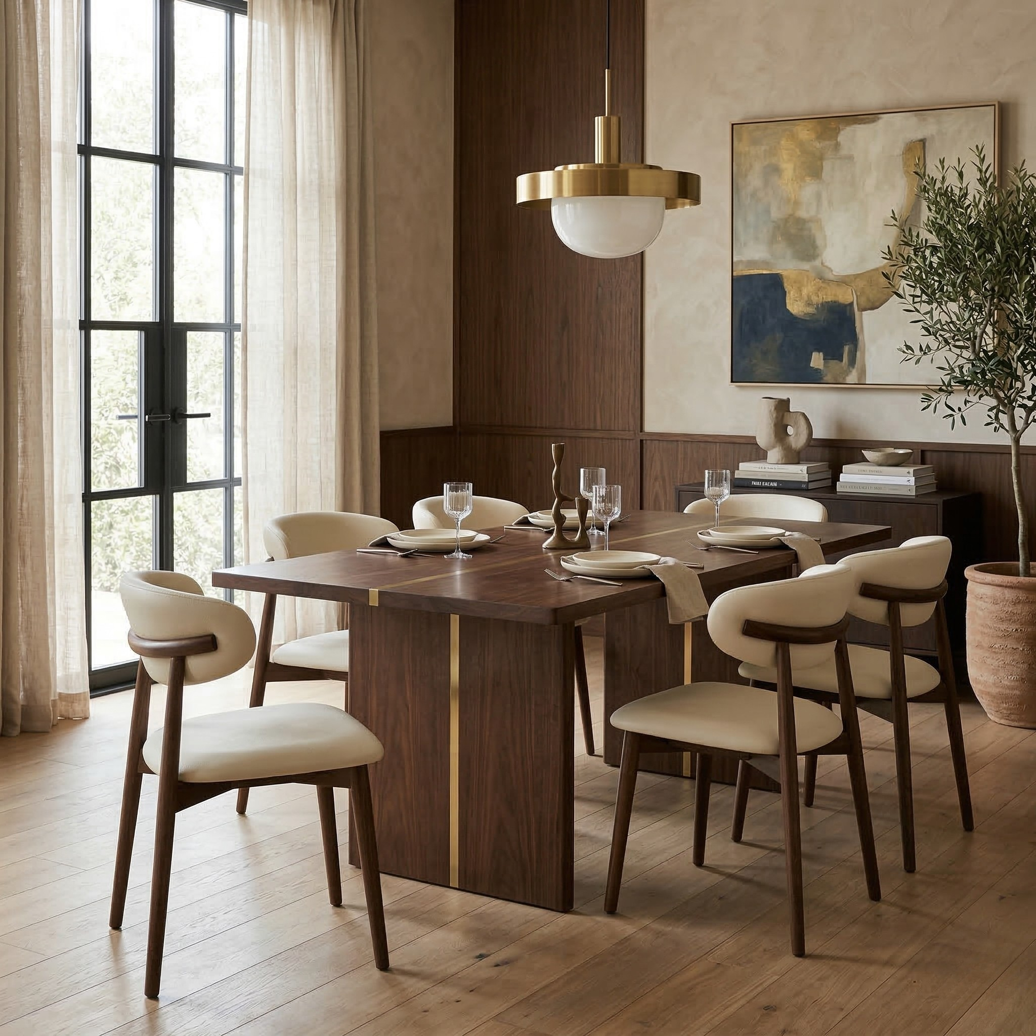 Six cream leather and walnut-finished ash wood dining chairs styled around a modern rectangular dining table in an elegant, airy room.