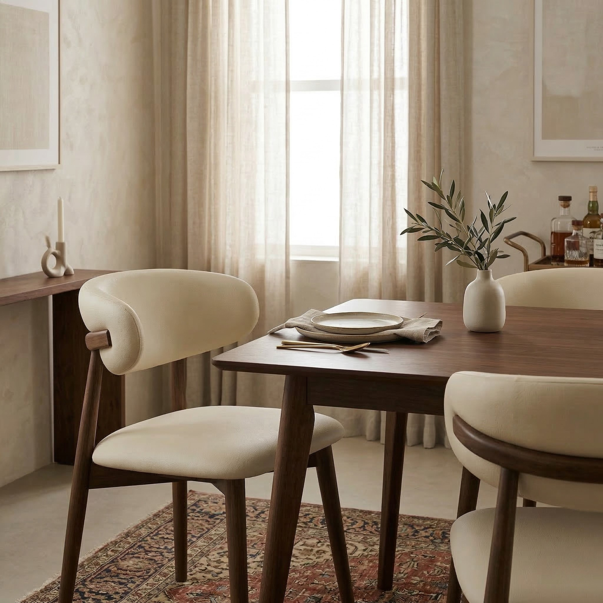 Close-up of the Modern Leather Ash Wood Dining Chair styled at a wooden table with a minimalist vase and linen napkin.