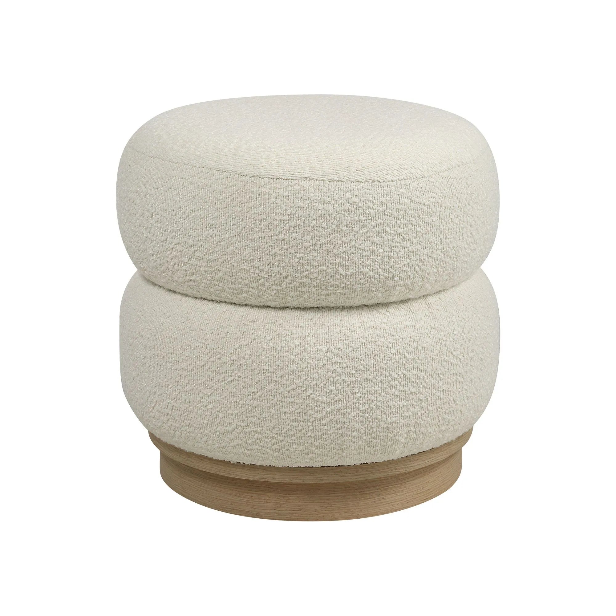 Full front view of the round Moita bouclé stool featuring a sculptural stacked cushion design in white textured fabric with a light wood base.