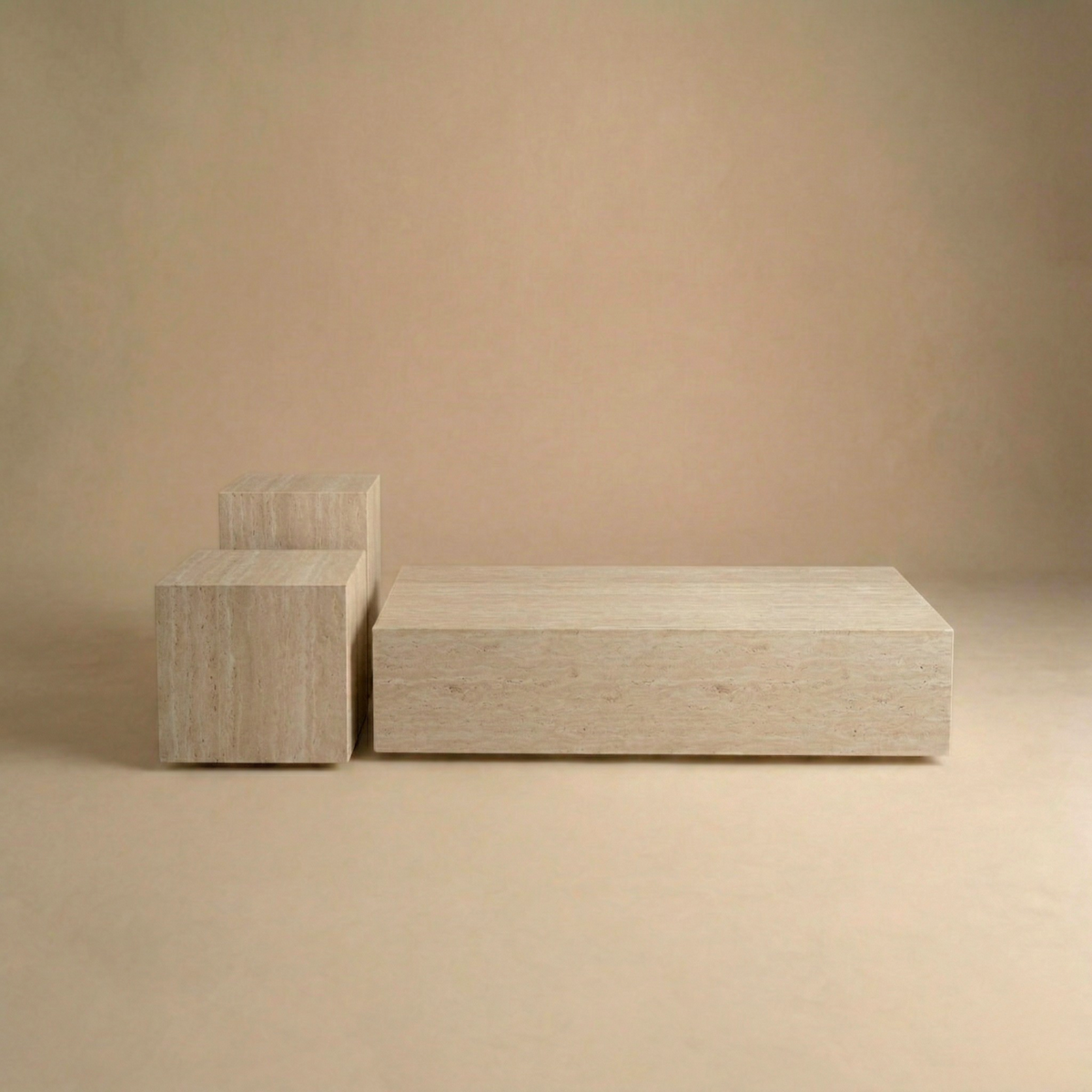 Travertine pattern coffee table, square side table, tall side table on a beige background