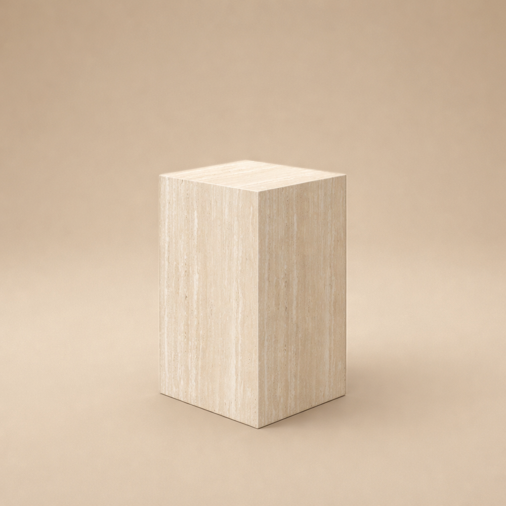 The Mono Side Table, a rectangular beige travertine-look block standing 20 inches tall on a neutral background