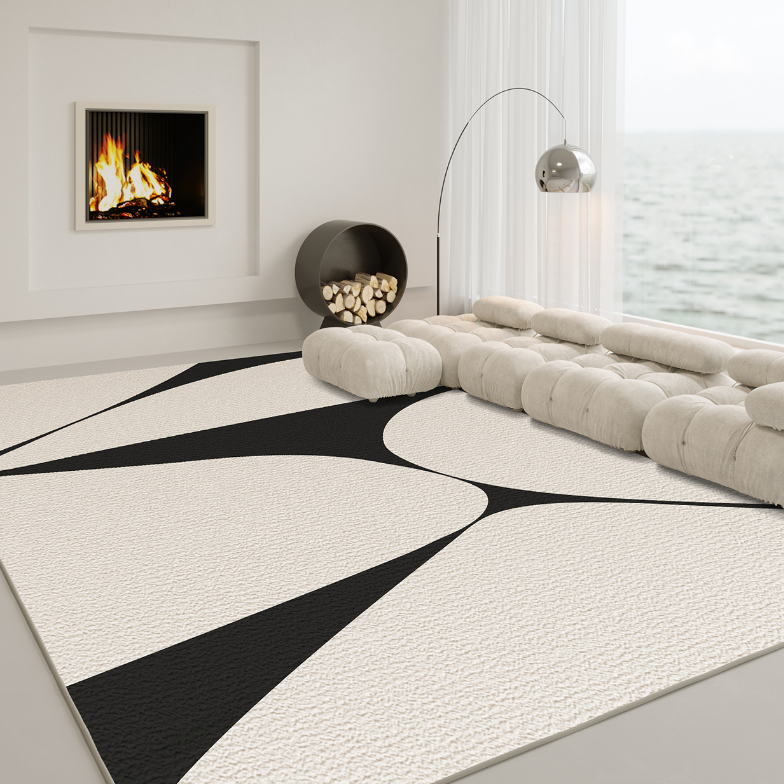 Monochrome Flow Art Carpet in a modern living room with bold black and beige abstract curves