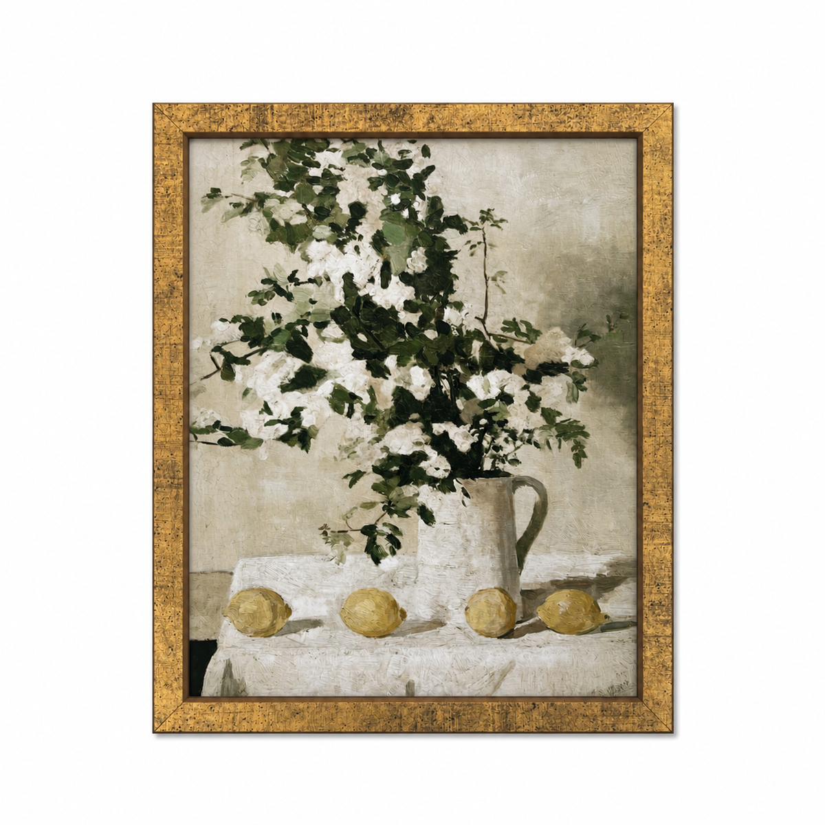Framed artwork of a still life with flowers and lemons on a table.
