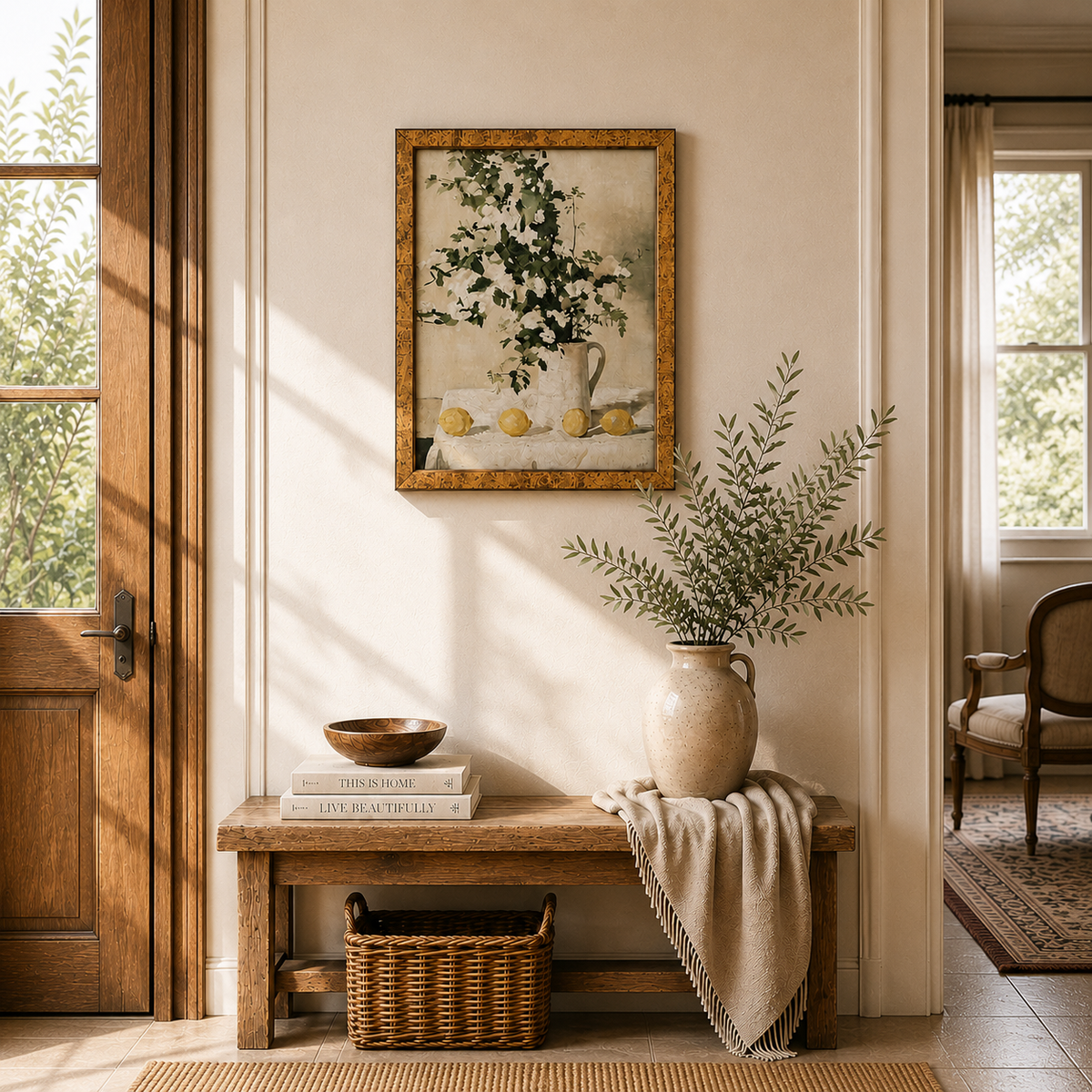 Nestled hallway with a wooden bench, vase with plants, and framed artwork on a beige wall.