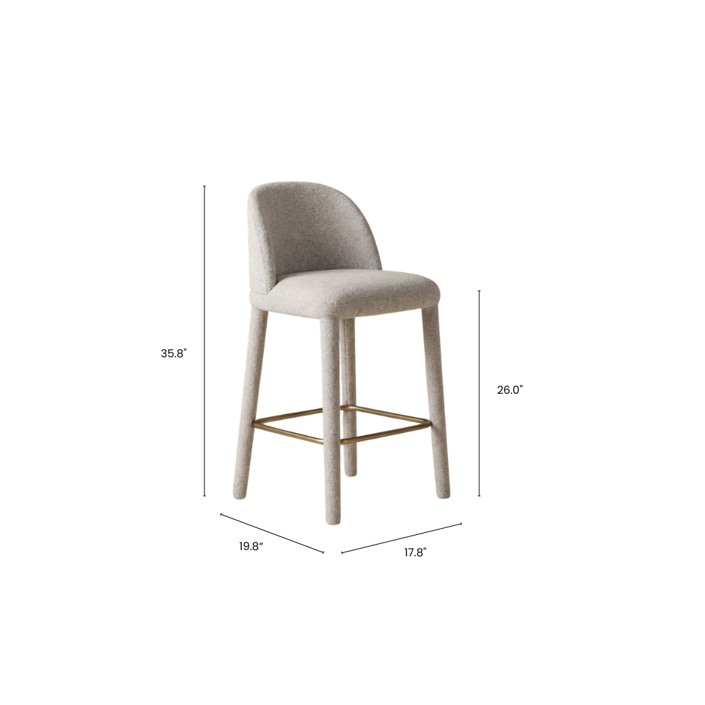 Gray bar stool with gold legs and dimensions on a white background
