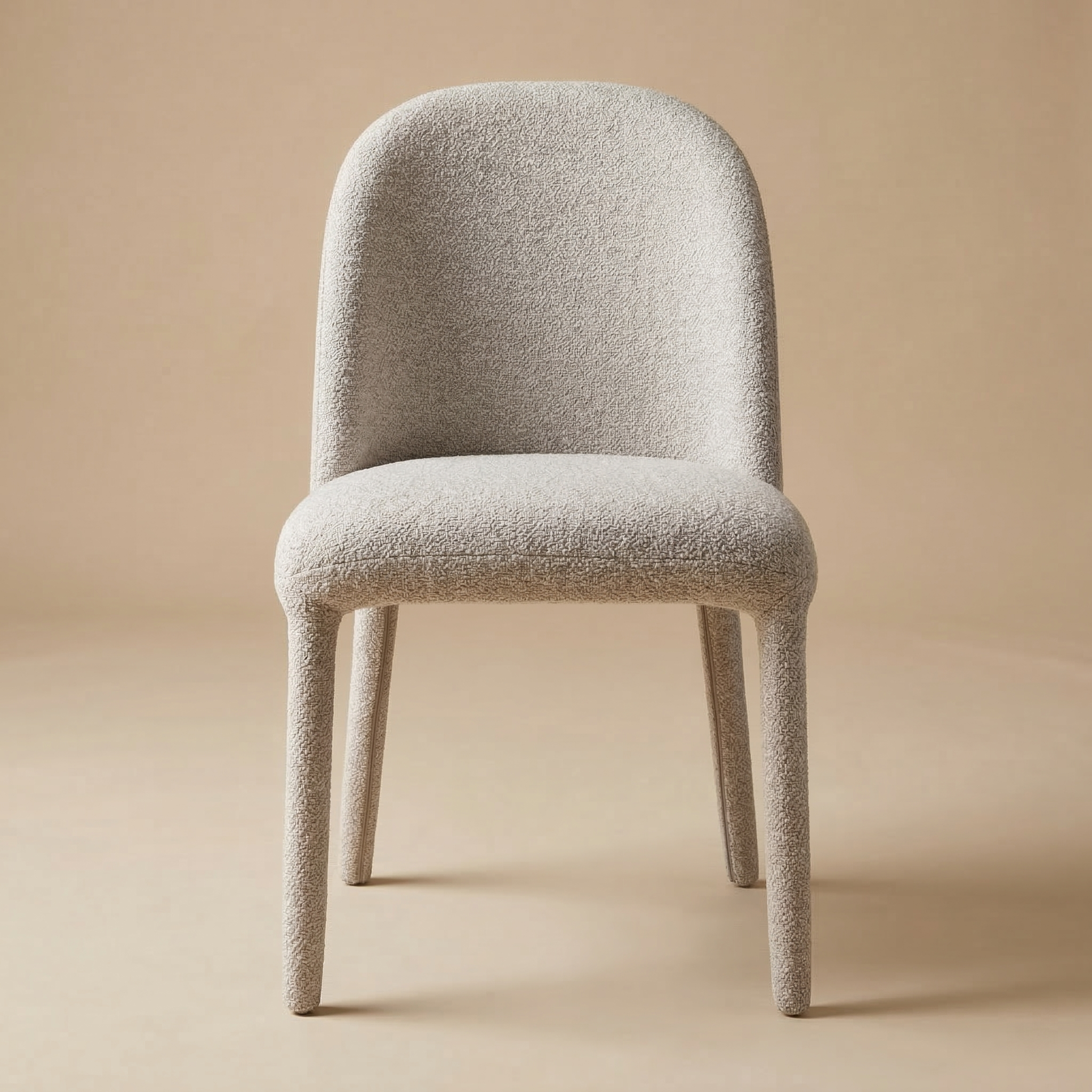 Full front view of the Myla dining chair featuring a curved backrest and fully upholstered textured beige fabric legs.