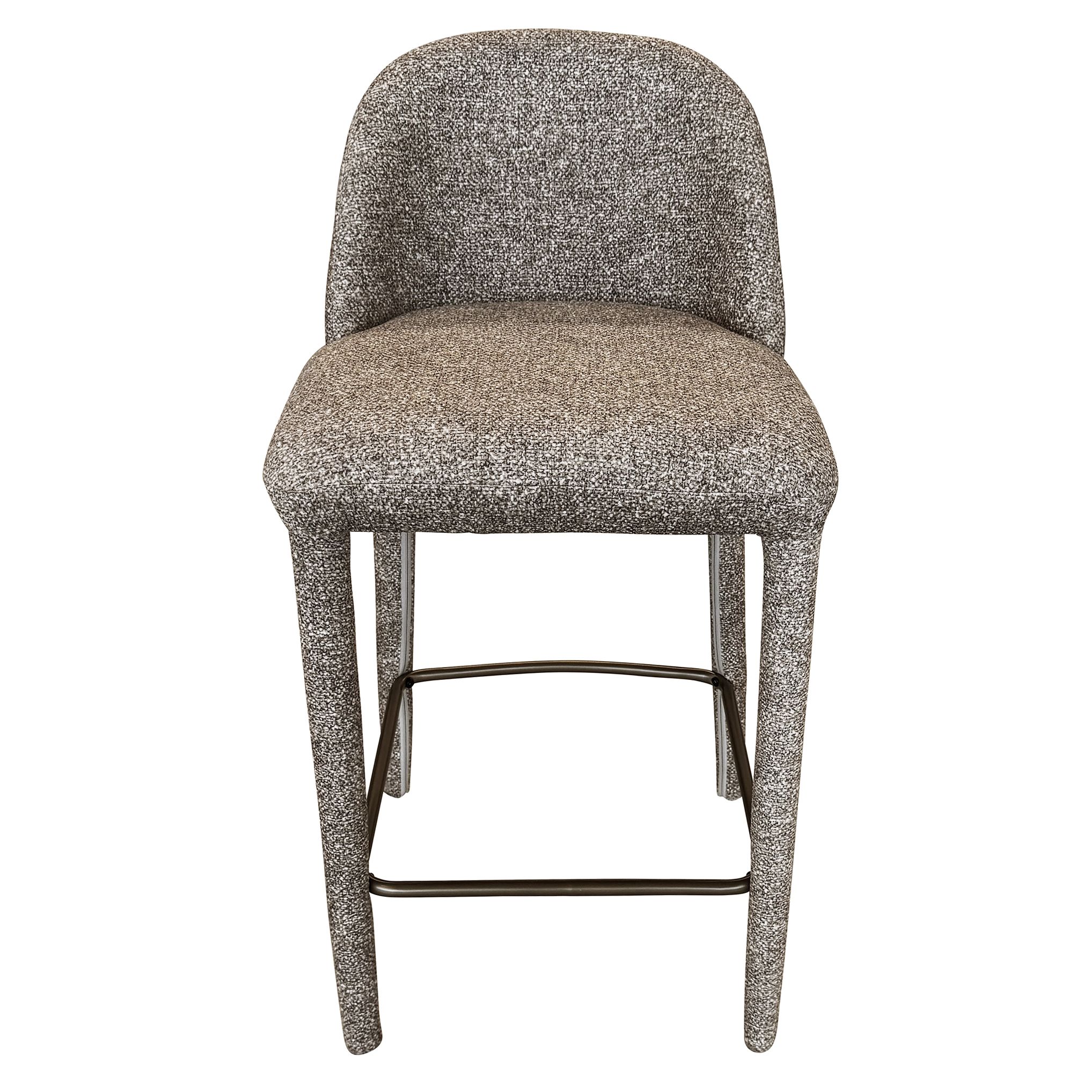 Full front view of the Myla counter stool featuring a curved backrest and plush light grey speckled upholstery.