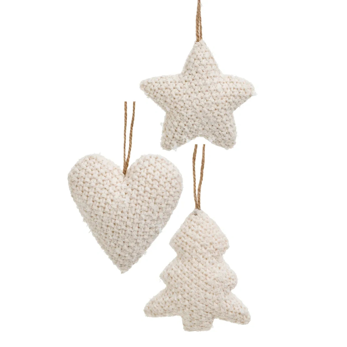 Three knitted Christmas tree ornaments in a cream color, including a star, a heart, and a Christmas tree shape, each with a natural jute hanging string, shown on a plain white background.