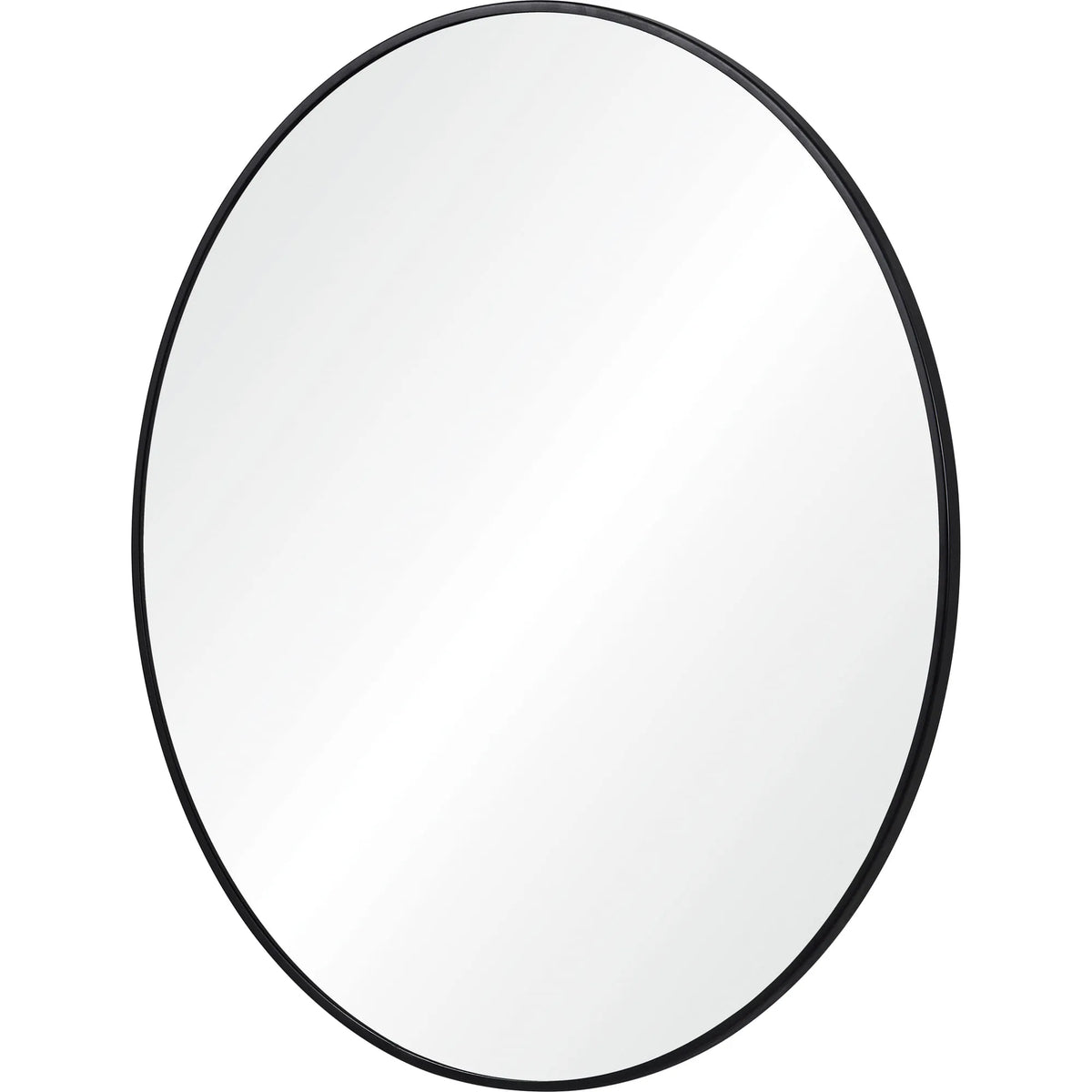 Nova Wall Mirror in a round shape with a slim black frame shown from an angled view