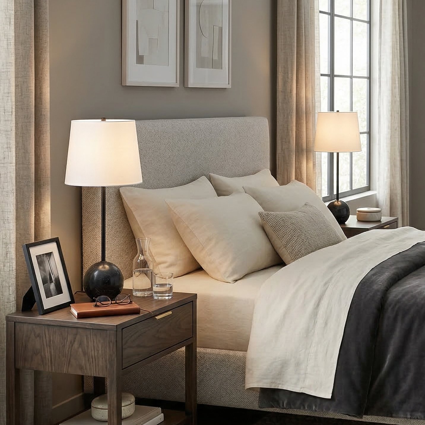 A set of black Nox marble orb lamps styled on walnut nightstands in a modern bedroom with grey upholstered bedding.